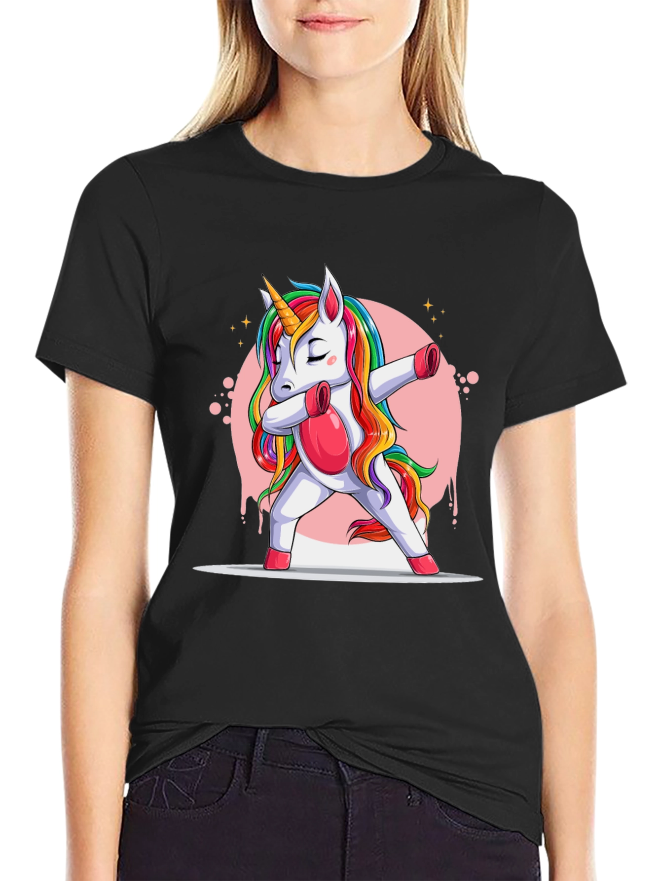 Black Dabbing Unicorn T-Shirt - Rainbow Mane Graphic Tee view 2
