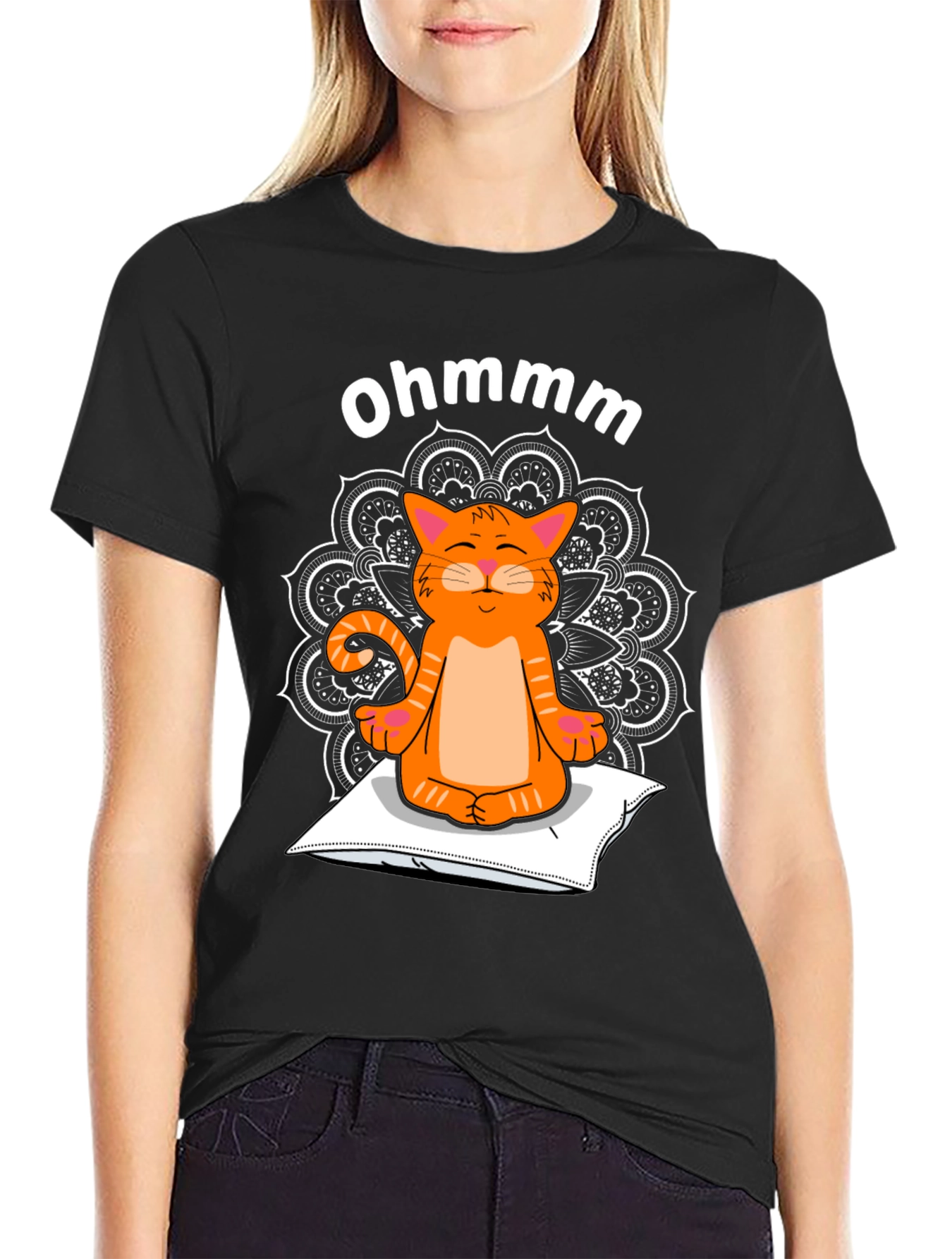 Black Ohmmm Cat Yoga T-Shirt - Meditating Feline Tee view 2