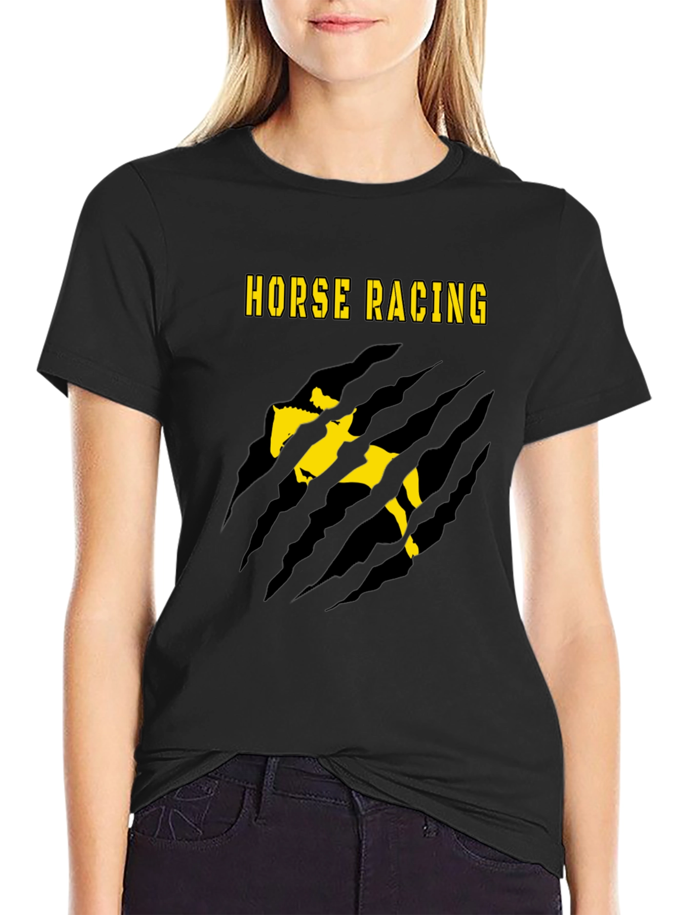 Black Horse Racing Graphic Tee - Black Cotton Blend T-Shirt view 2