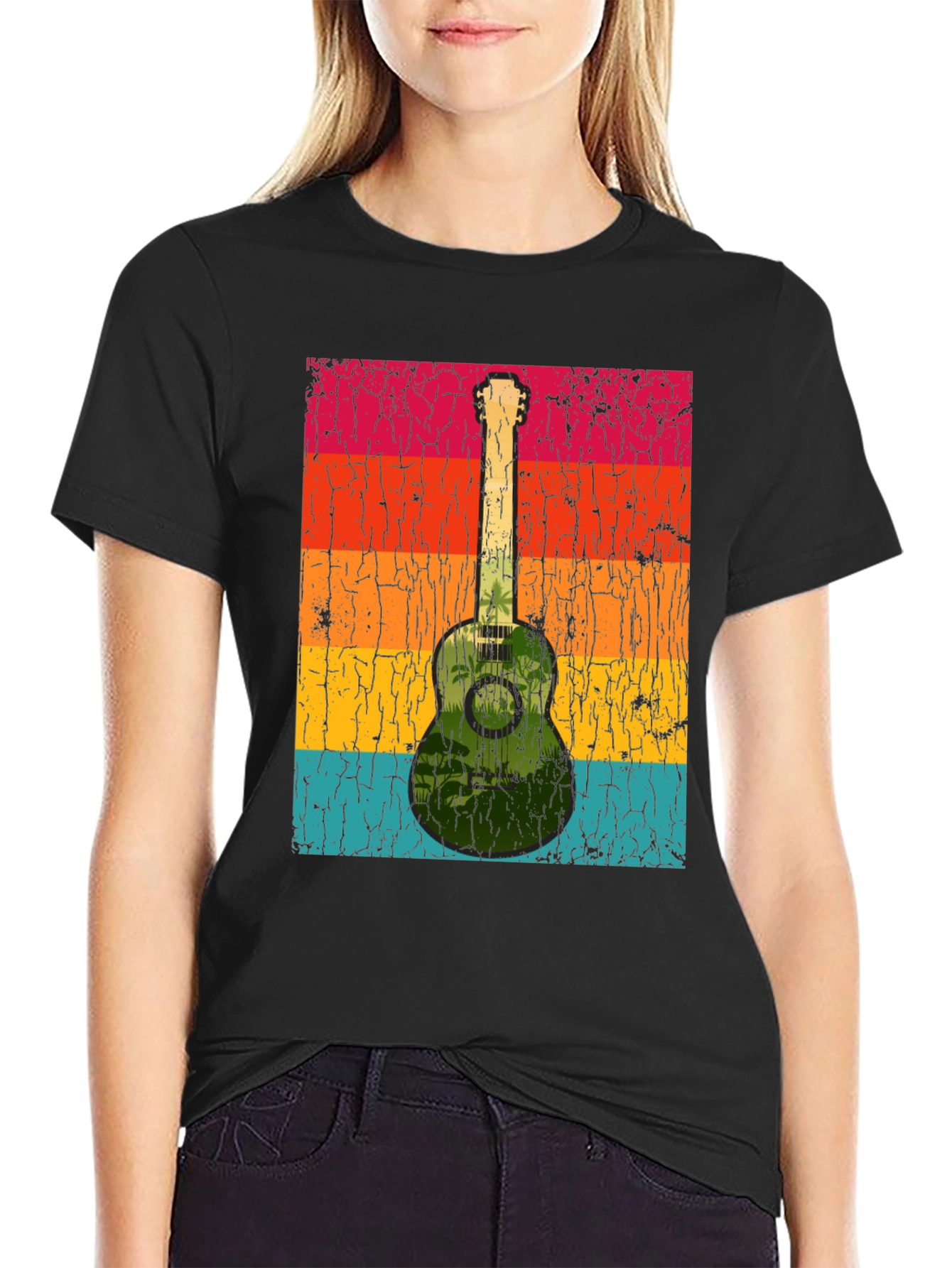 Black Retro Guitar T-Shirt - Tropical Vibes view 2