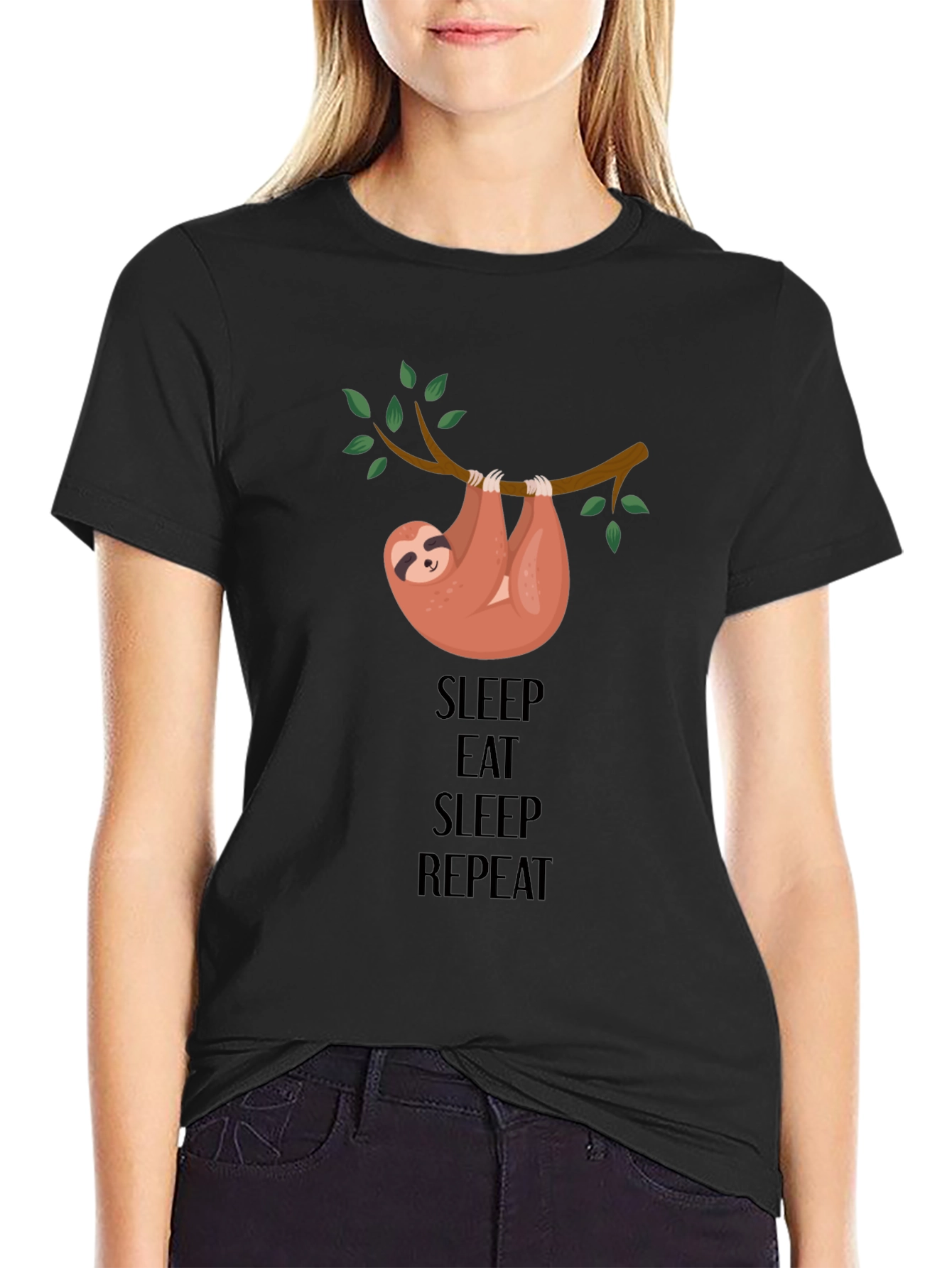 Black Sleep Eat Repeat Sloth Graphic Tee view 2