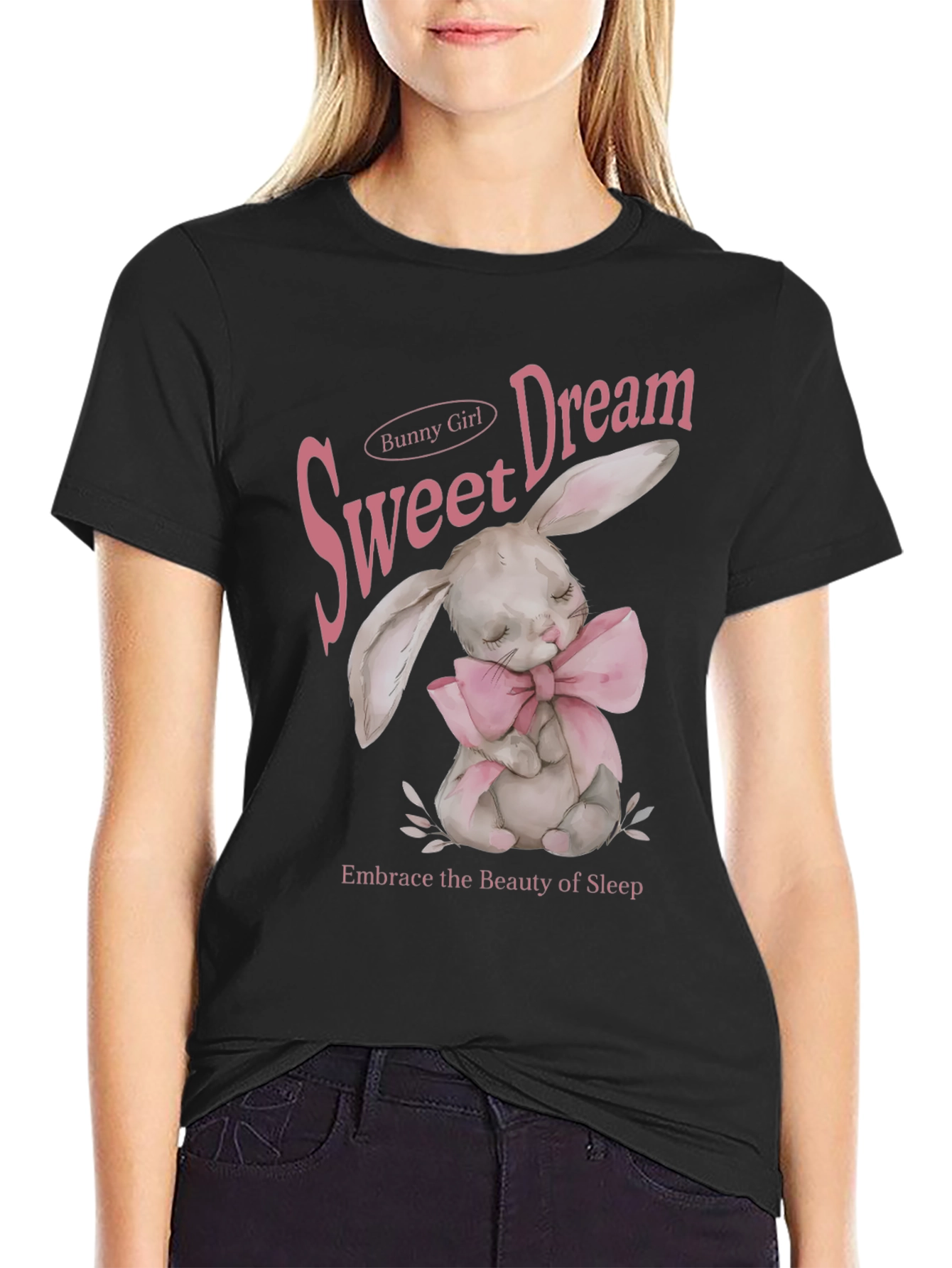 Black Sweet Dream Bunny Girl Black Graphic T-Shirt view 2