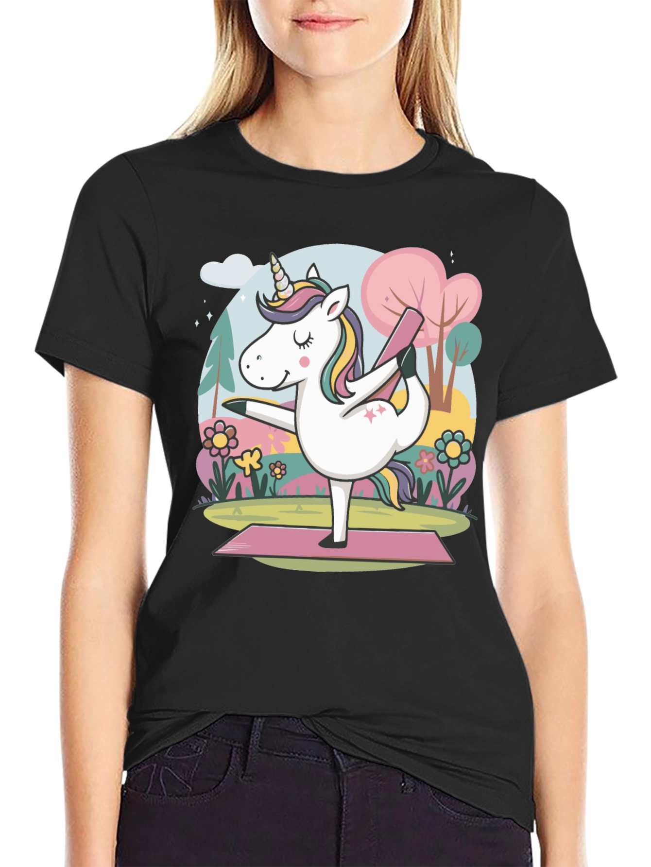 Black Unicorn Yoga T-Shirt - Relaxed Fit Cotton Tee view 2