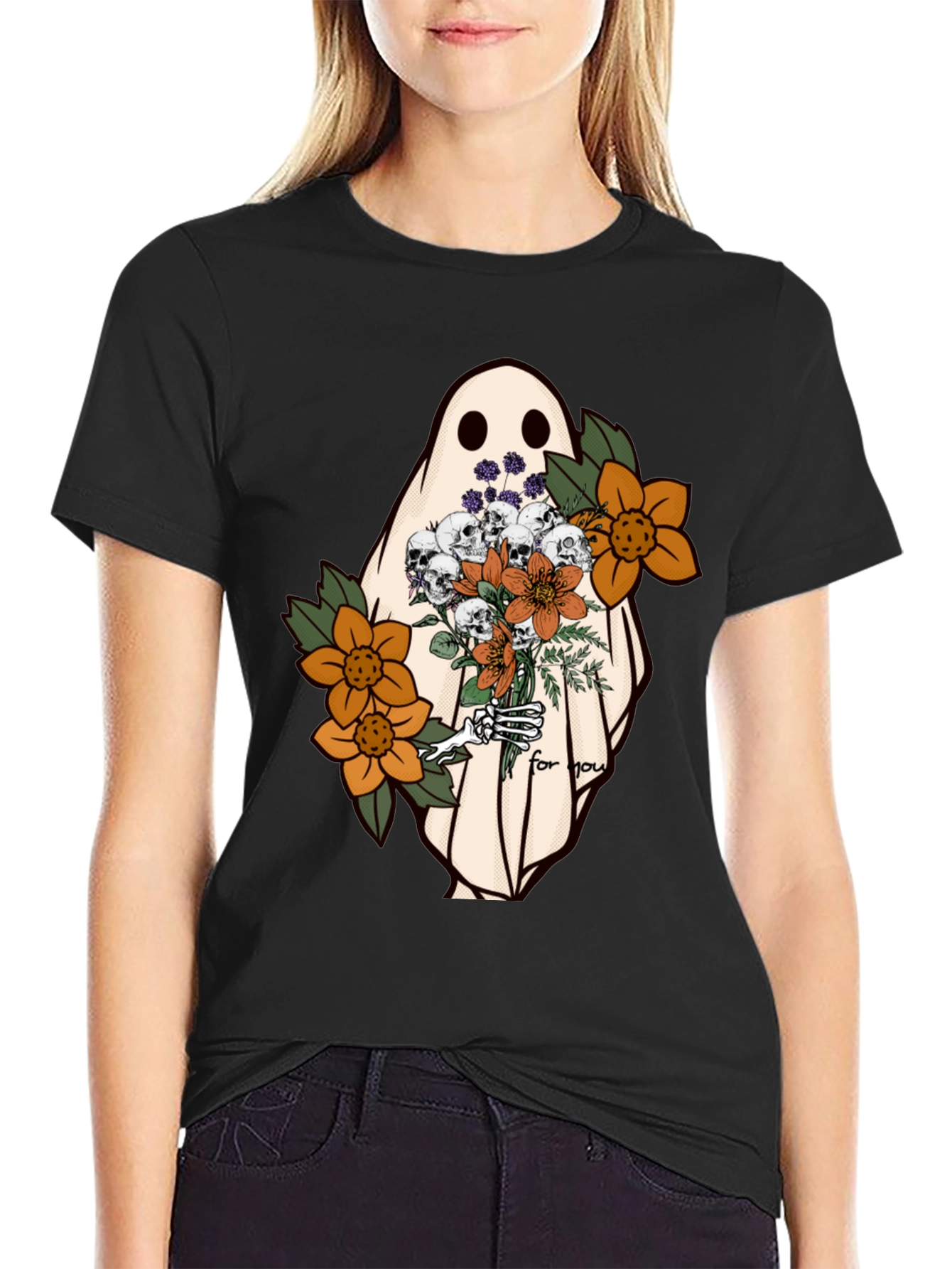 Black Ghost with Flowers Graphic Tee - Unisex Soft Cotton view 2