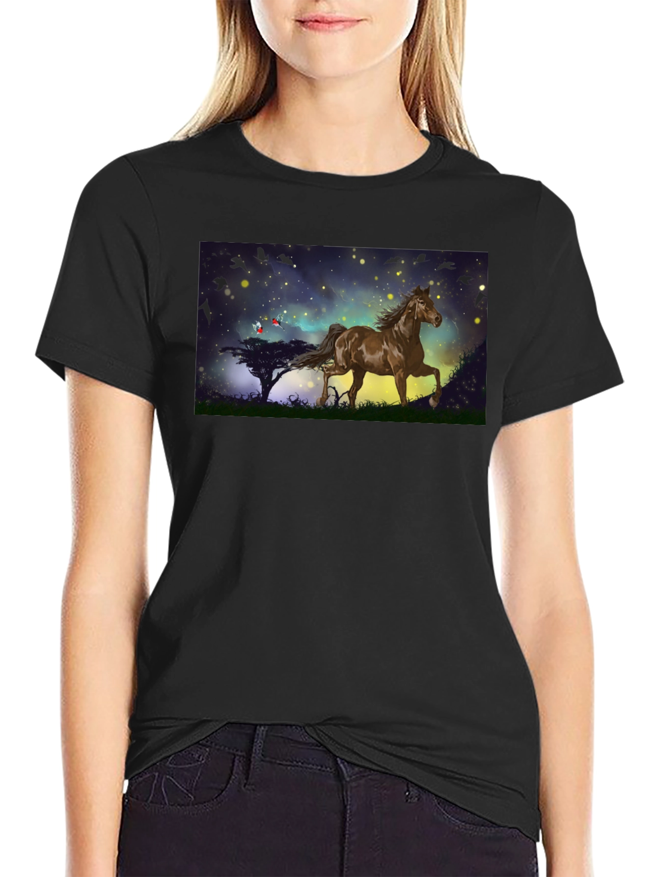 Black Horse Graphic Tee - Black Cotton Blend T-Shirt view 2