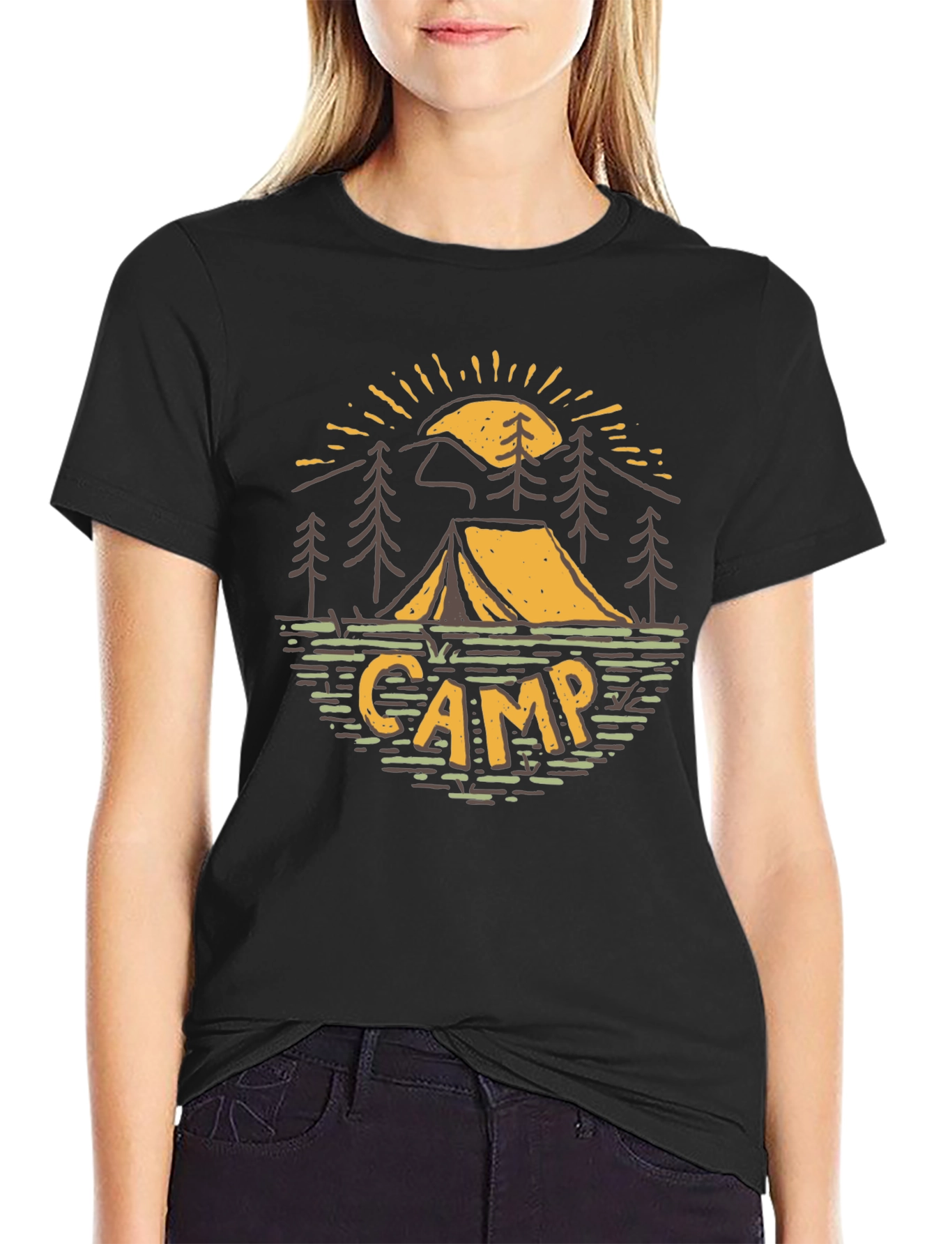 Black Camping Adventure Graphic Tee - Black Cotton T-Shirt view 2