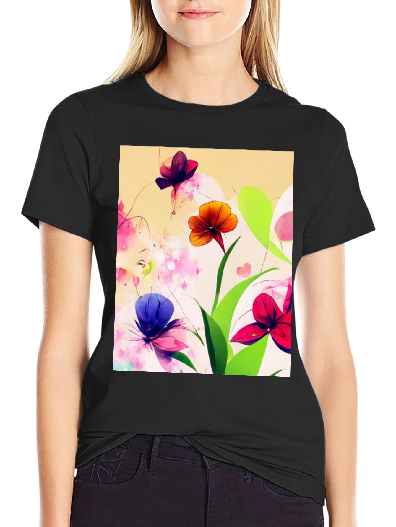 Black Floral Print Black T-Shirt view 2