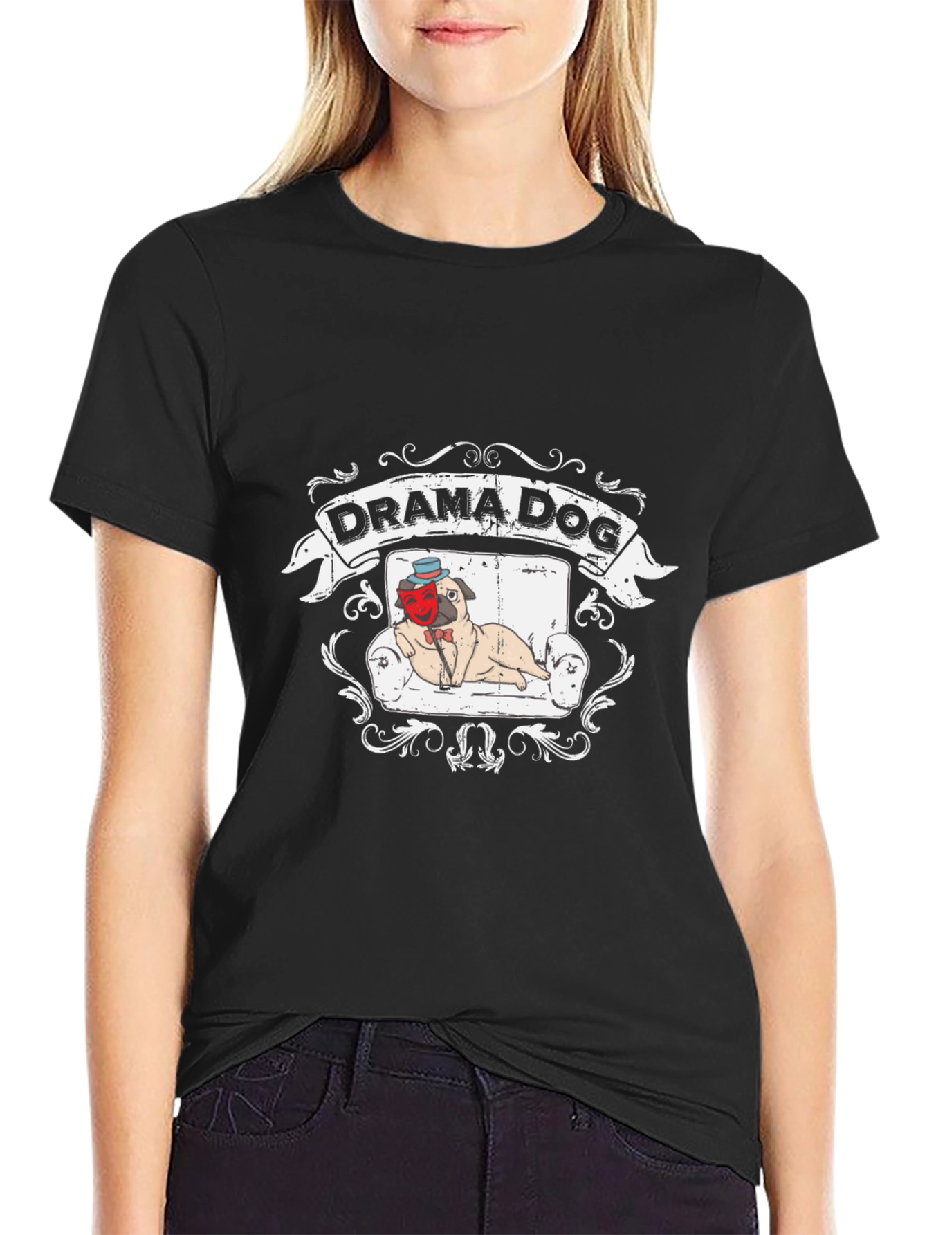 Black Drama Dog T-Shirt: Pug on Couch, Theatrical Design view 2