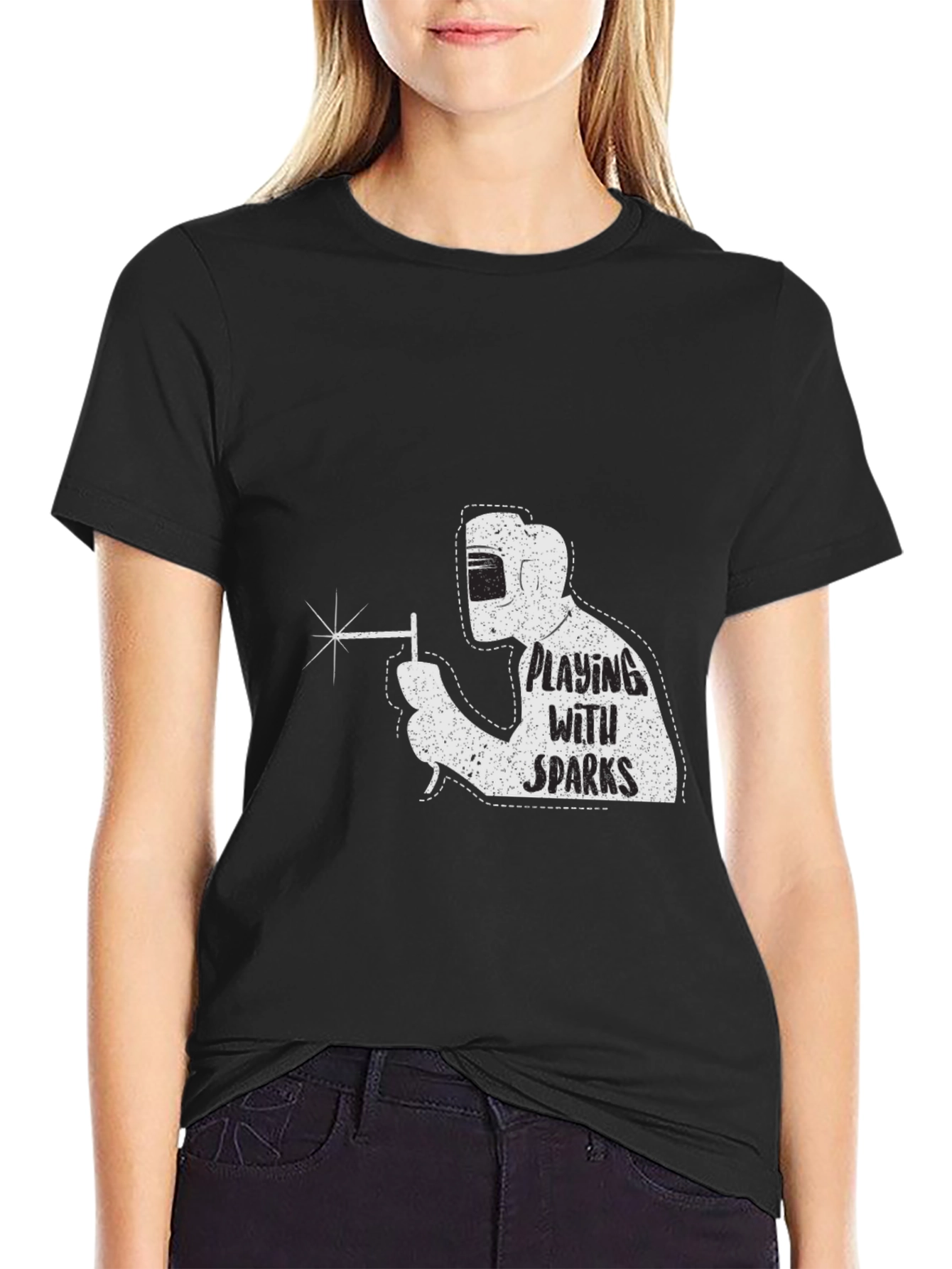Black Welding Humor T-Shirt - Playing with Sparks view 2