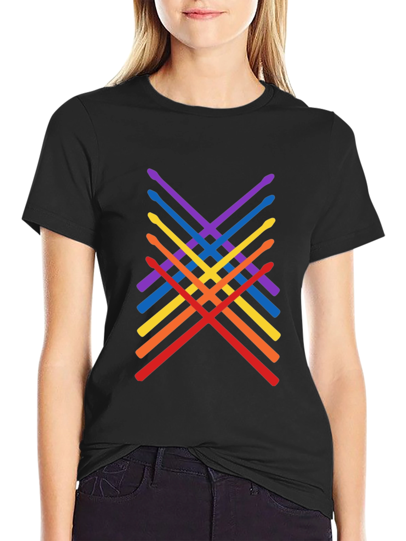 Black Rainbow Drumsticks Graphic Tee - Music Lover Shirt view 2