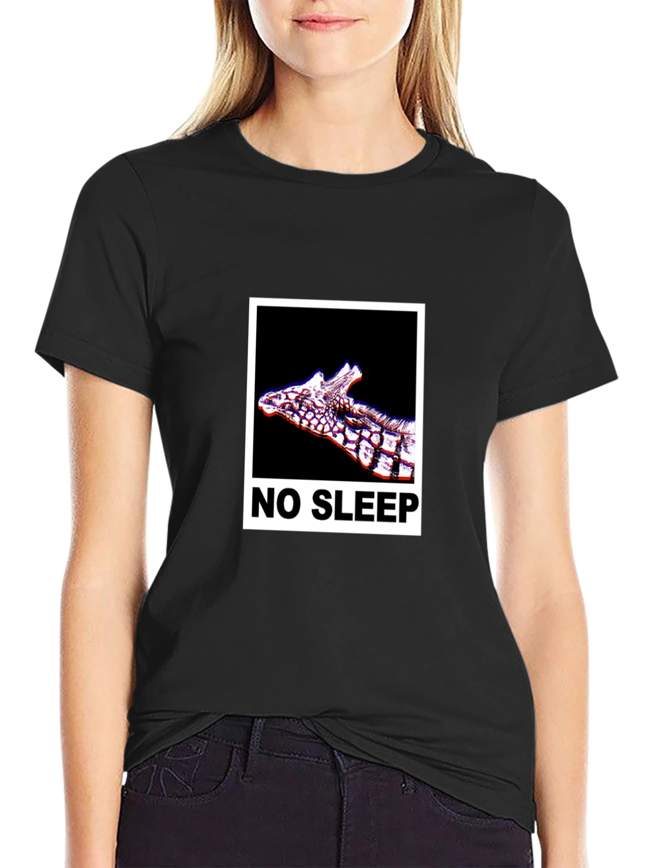 Black No Sleep Giraffe Graphic Tee - Black Cotton T-Shirt view 2