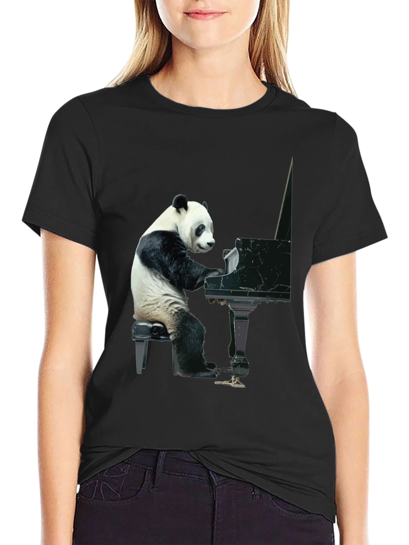 Black Panda Playing Piano Graphic Tee - Black Cotton Shirt view 2