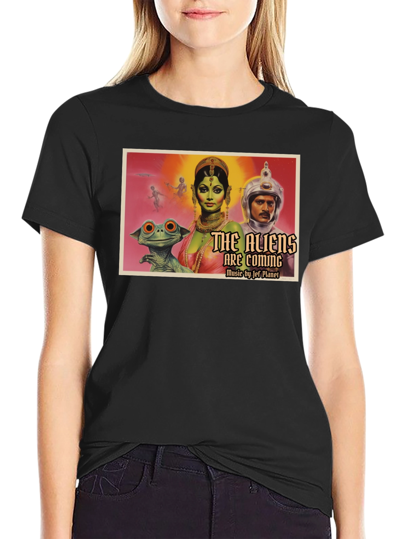 Black Retro Sci-Fi Alien Invasion Graphic T-Shirt view 2