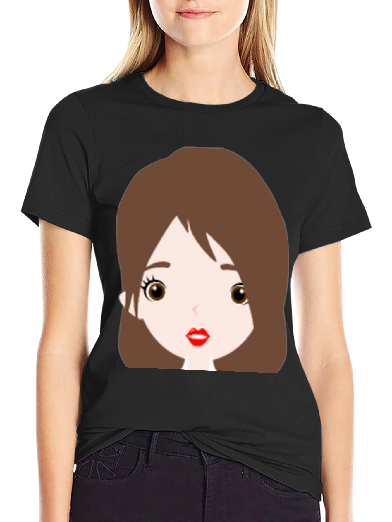 Black Cute Cartoon Girl Graphic Black T-Shirt view 2