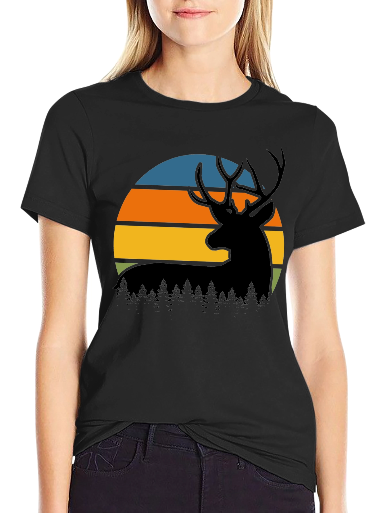 Black Retro Deer Sunset Graphic T-Shirt view 2