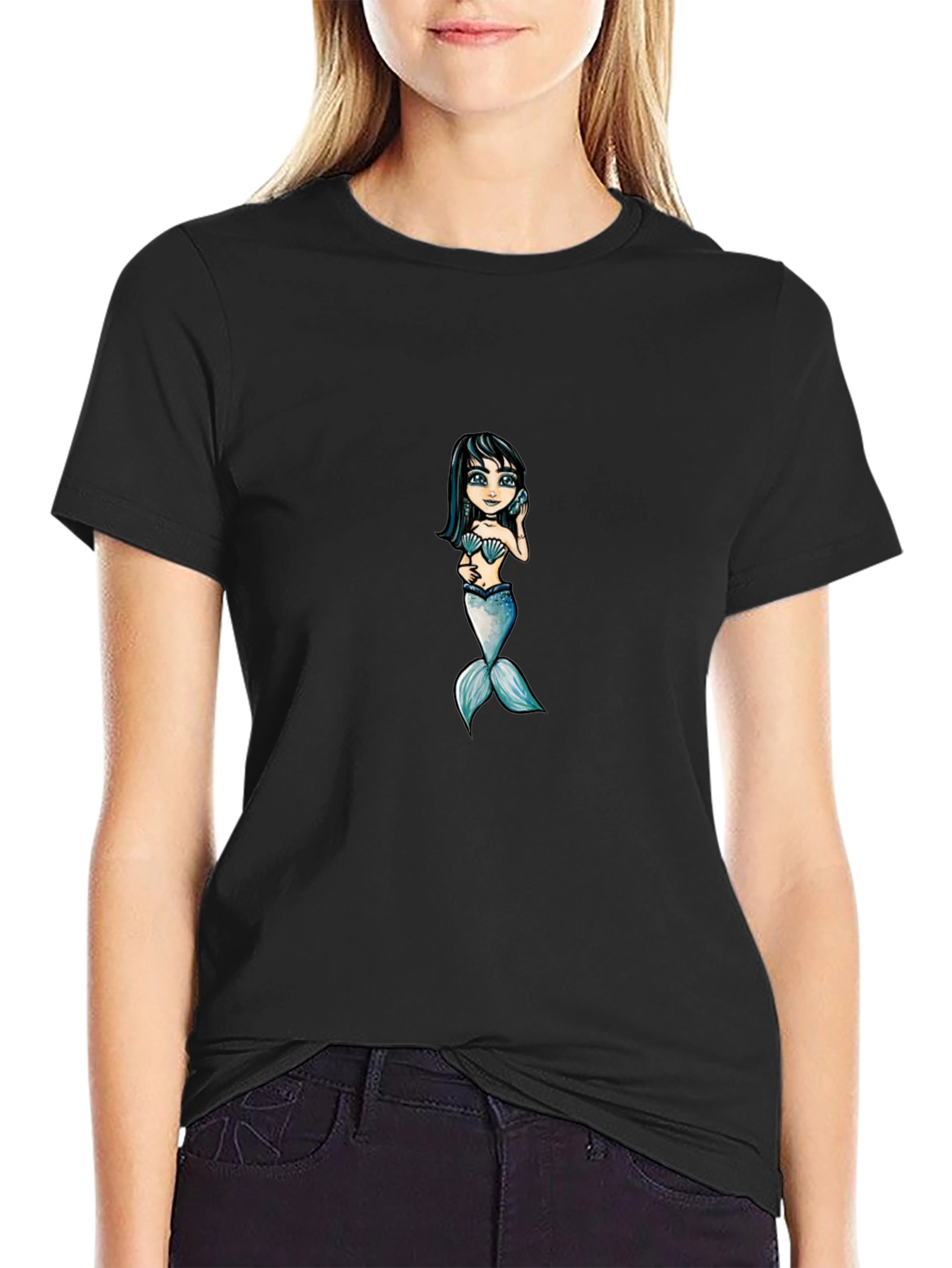 Black Mermaid Graphic Tee - Black Cotton T-Shirt view 2