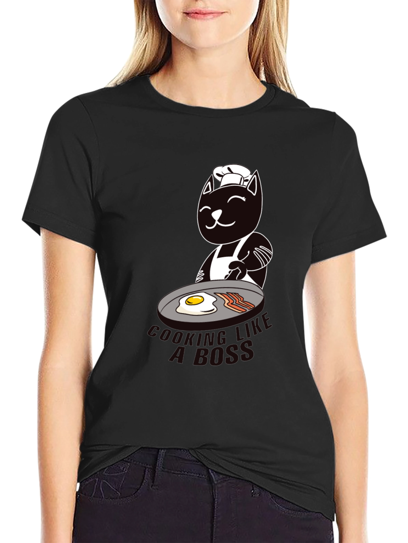Black Chef Cat Cooking Breakfast Graphic T-Shirt view 2