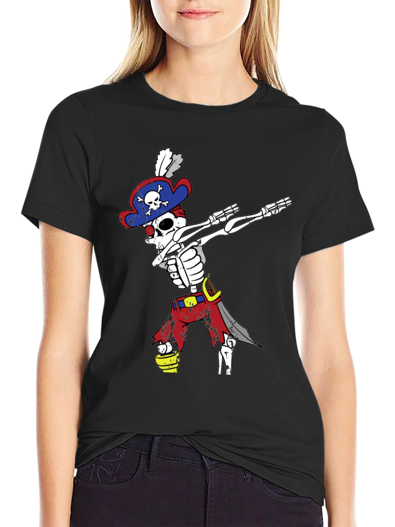 Black Dabbing Pirate Skeleton T-Shirt - Men's Black Tee view 2