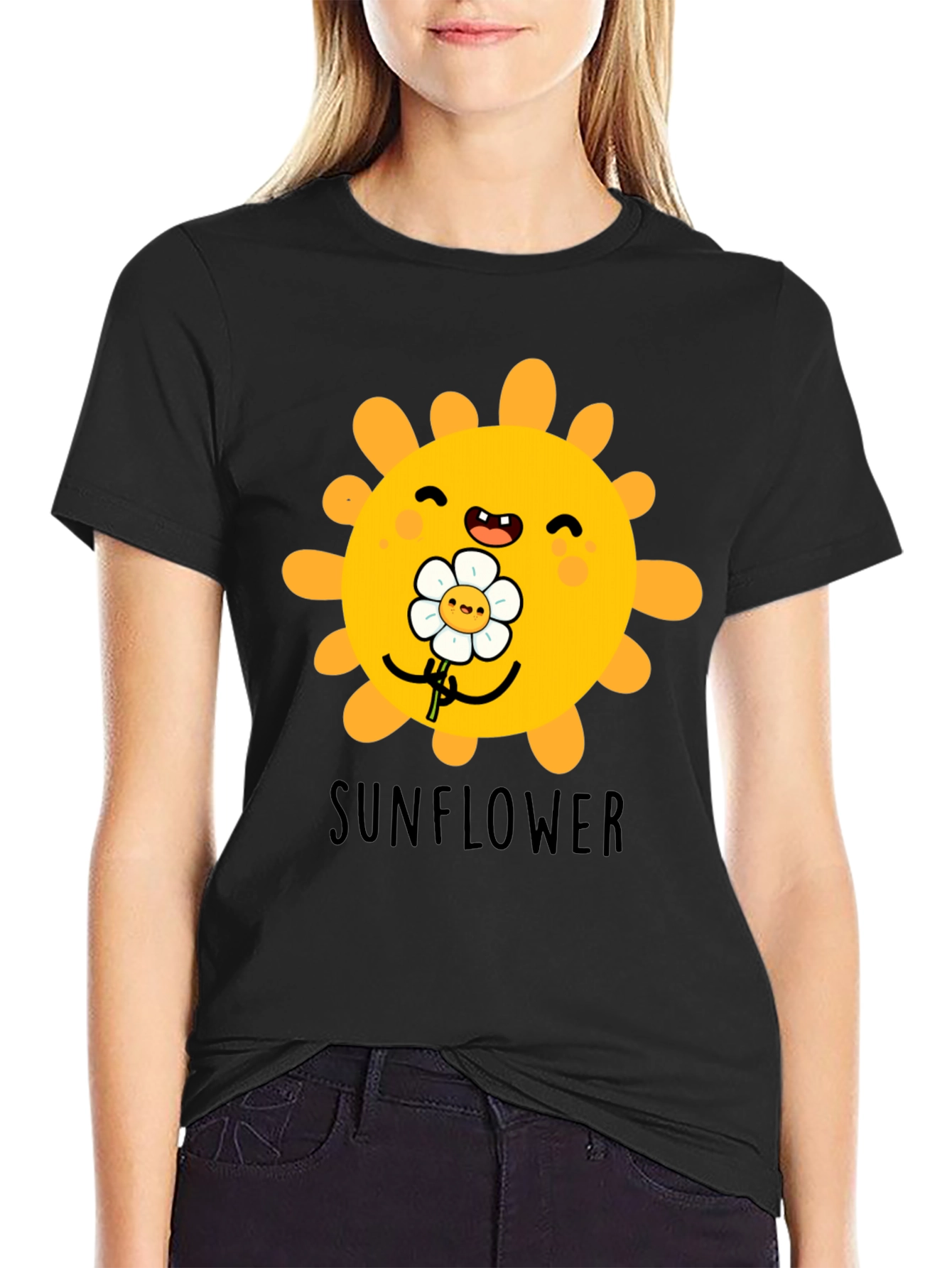 Black Cute Sunflower Graphic T-Shirt - Black view 2