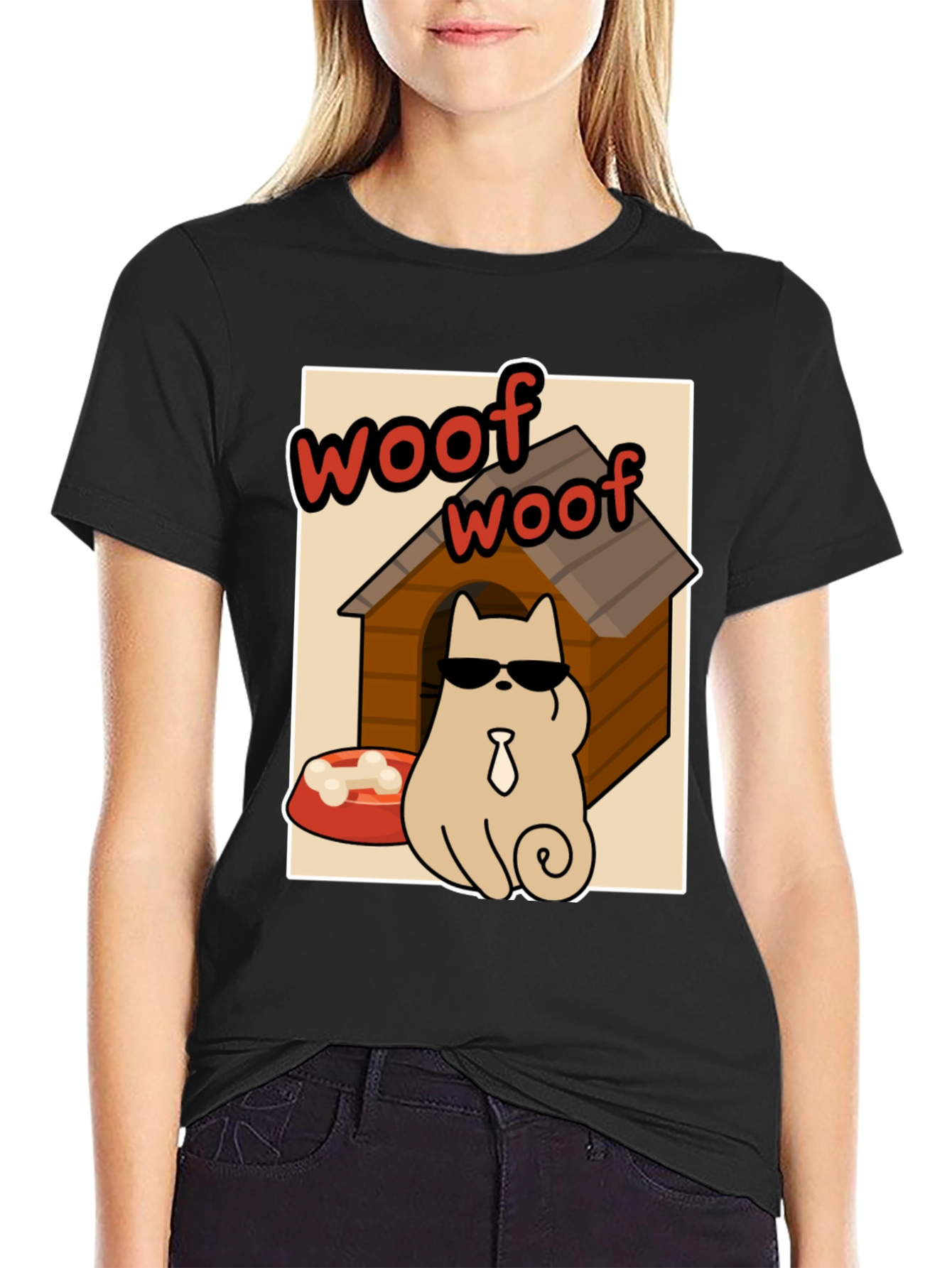 Black Cool Dog Woof T-Shirt view 2