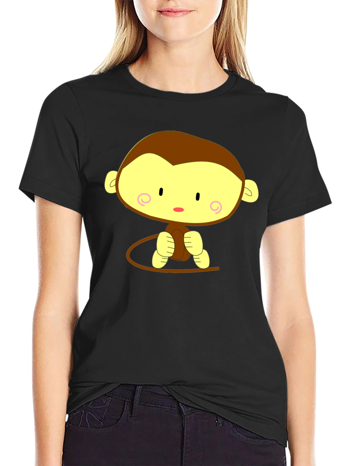Black Cute Cartoon Monkey Graphic Tee - Unisex Black T-Shirt view 2
