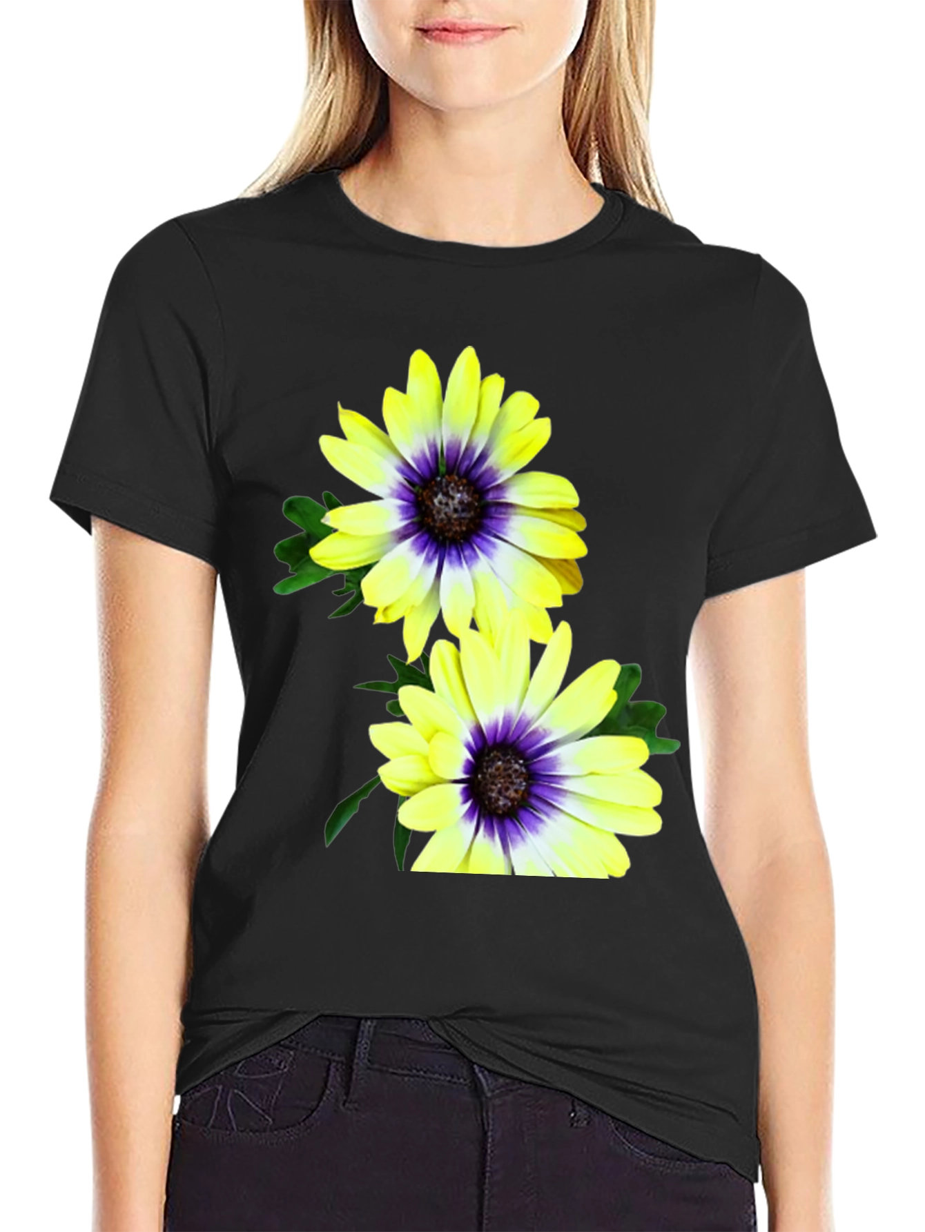 Black Floral T-Shirt: Yellow & Purple Daisy Print view 2