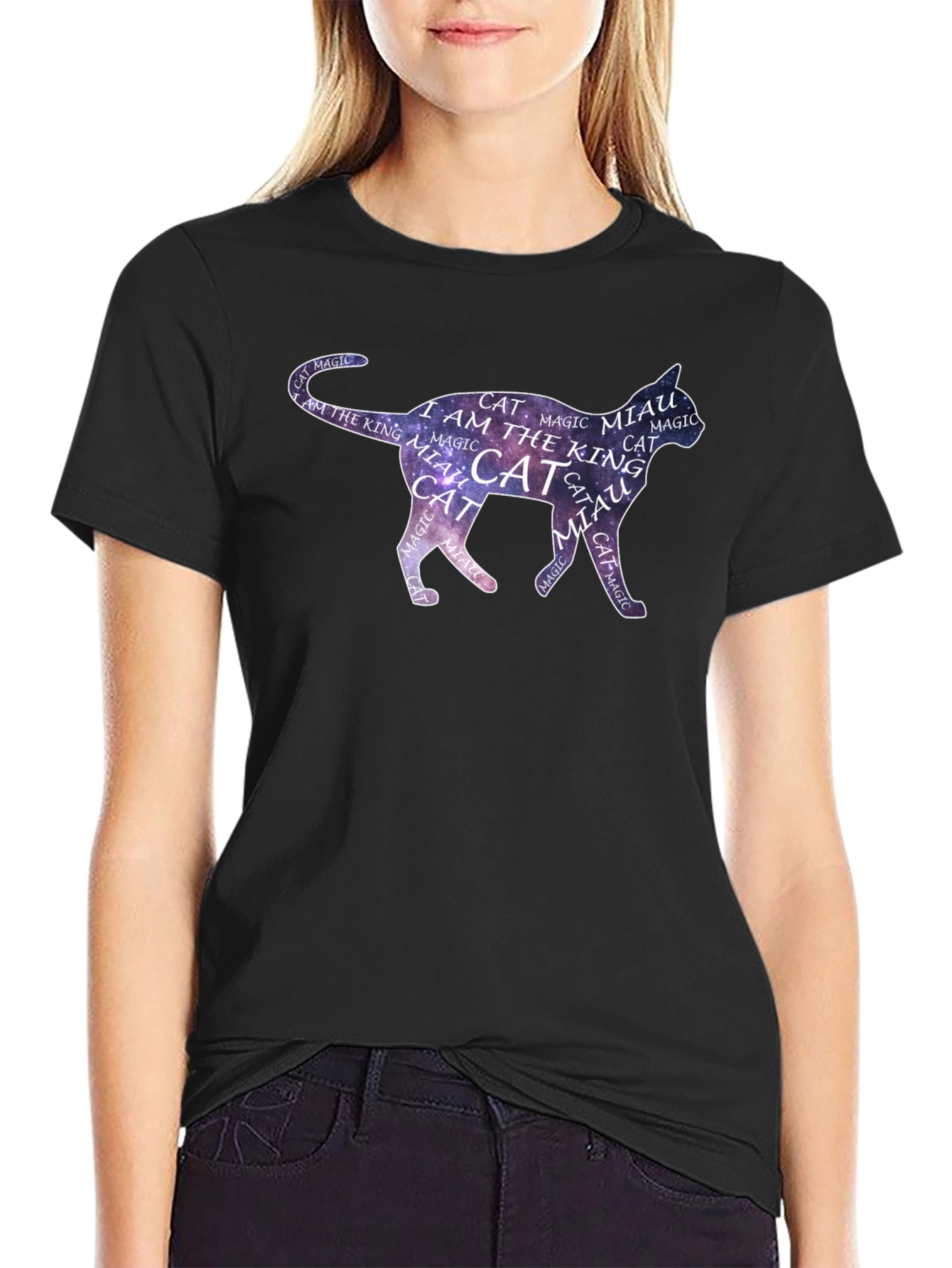 Black Cosmic Cat T-Shirt - Magical Feline Design view 2
