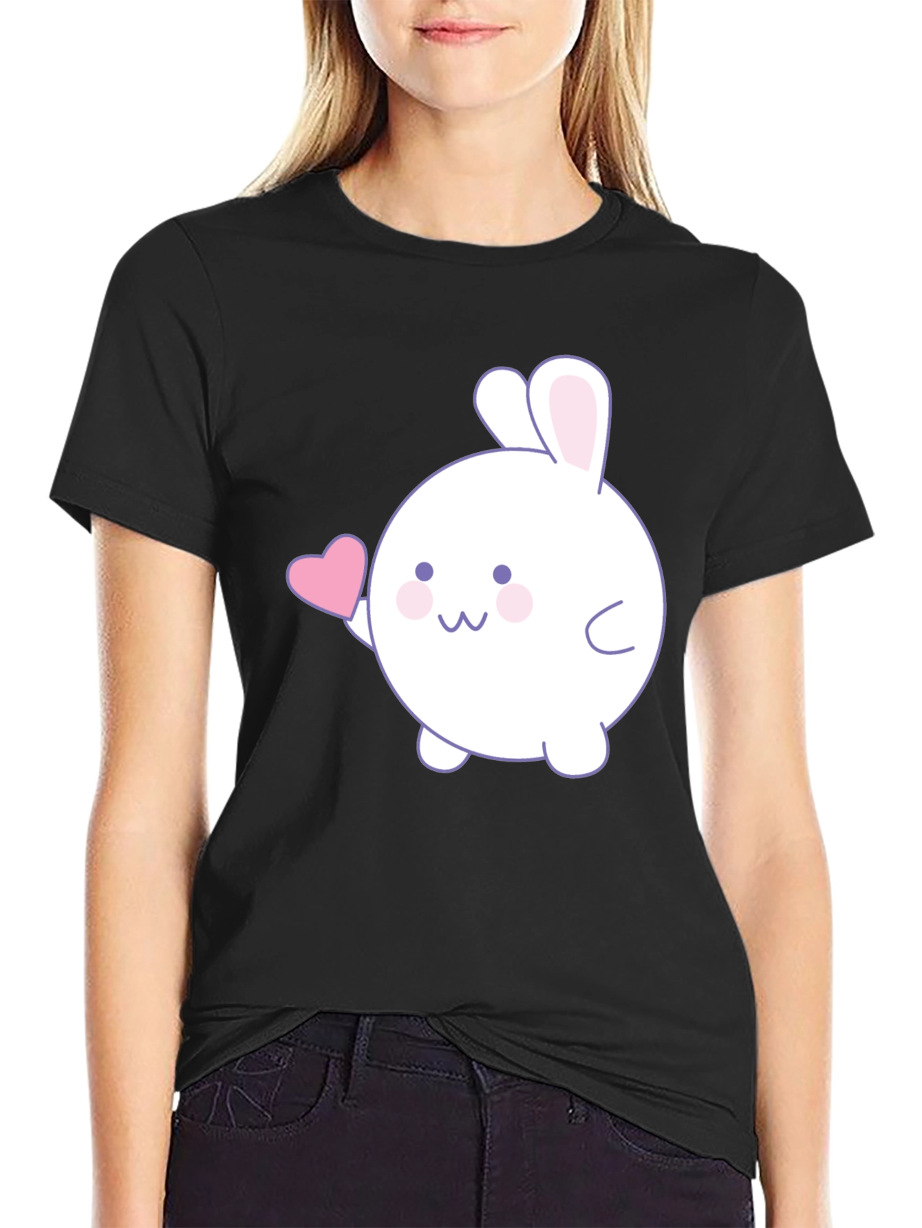 Black Cute Bunny Heart Graphic Black T-Shirt view 2