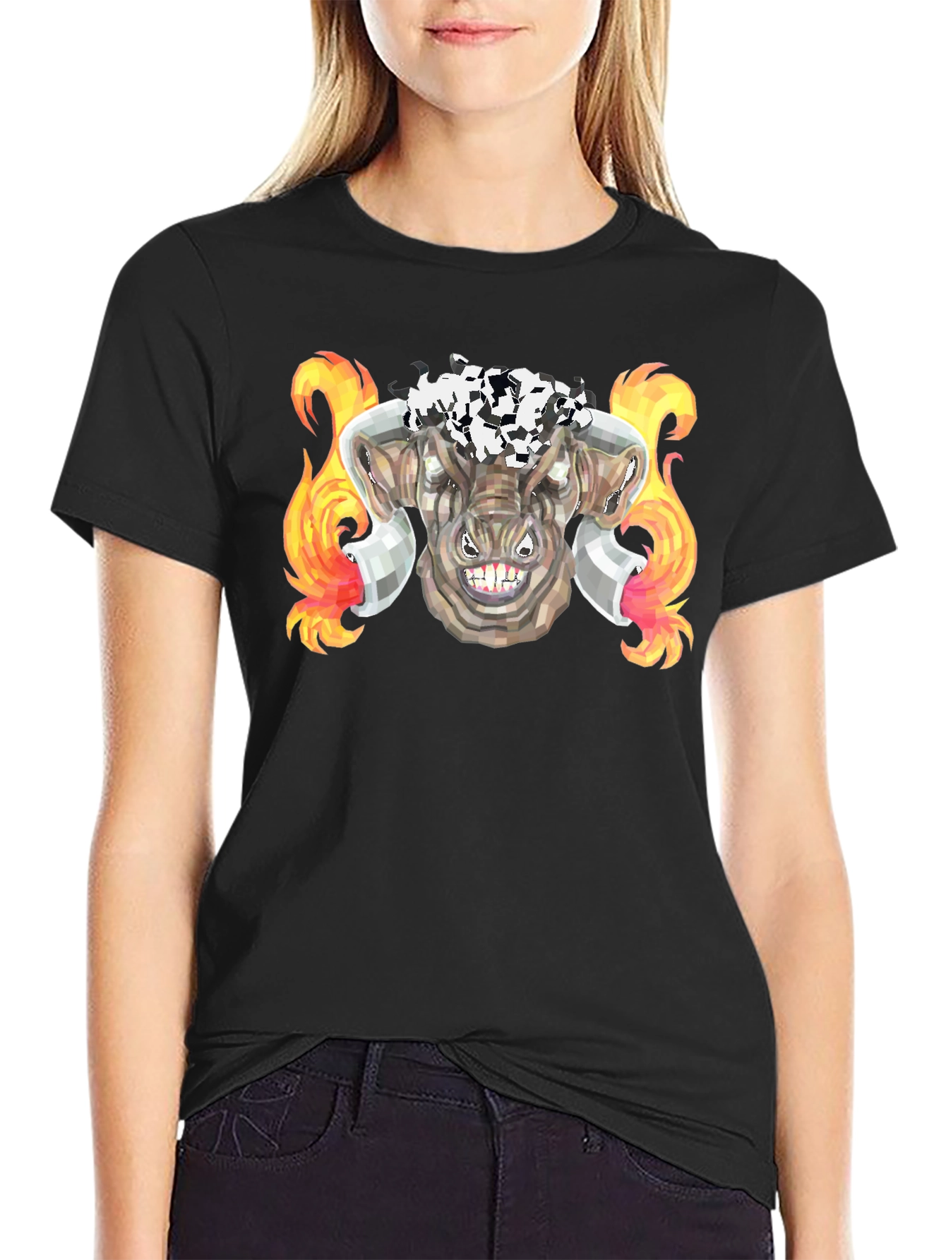 Black Fiery Bull Graphic Tee - Black Cotton T-Shirt view 2