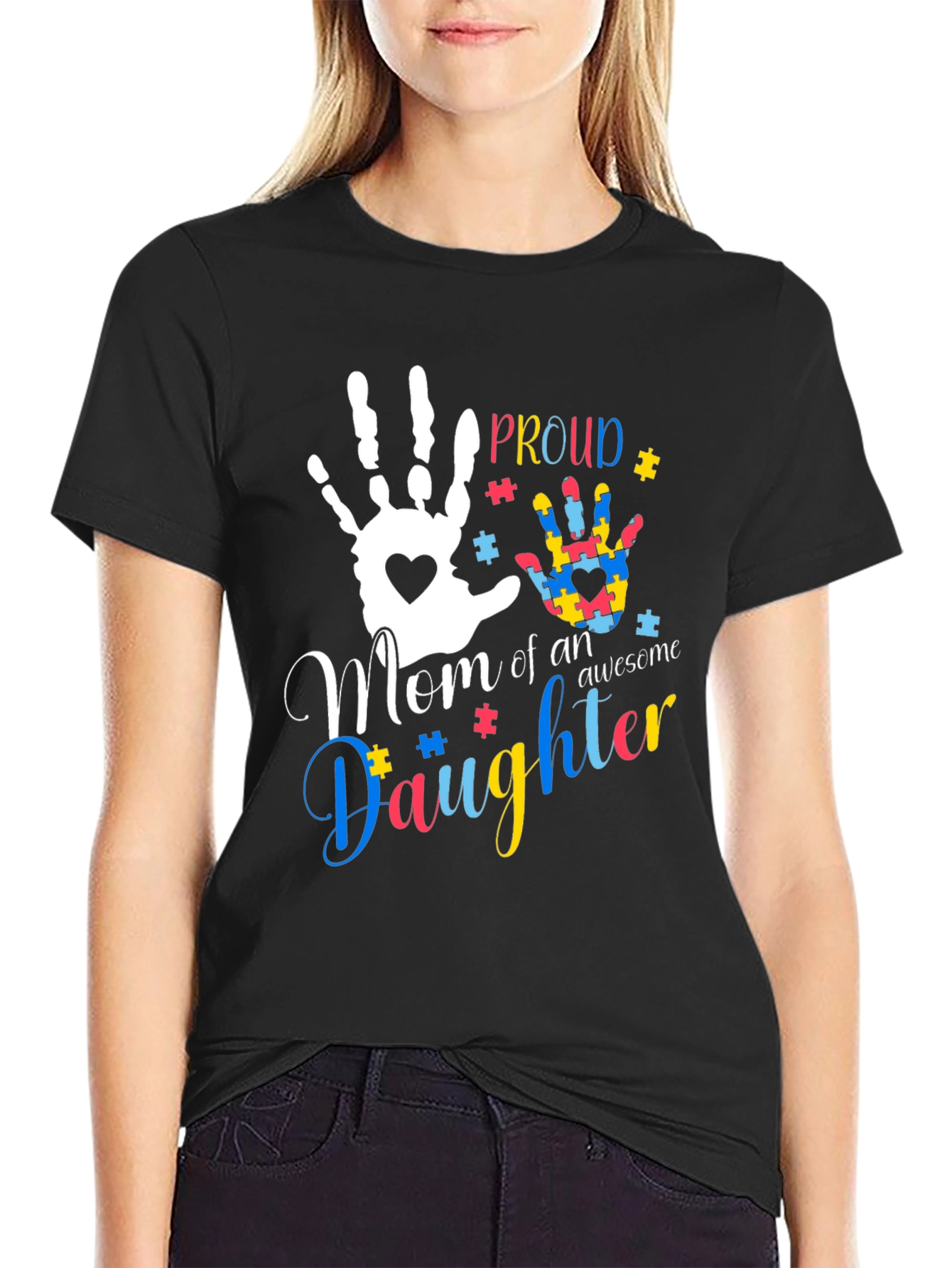 Black Proud Mom of an Awesome Daughter T-Shirt Autism Awareness view 2