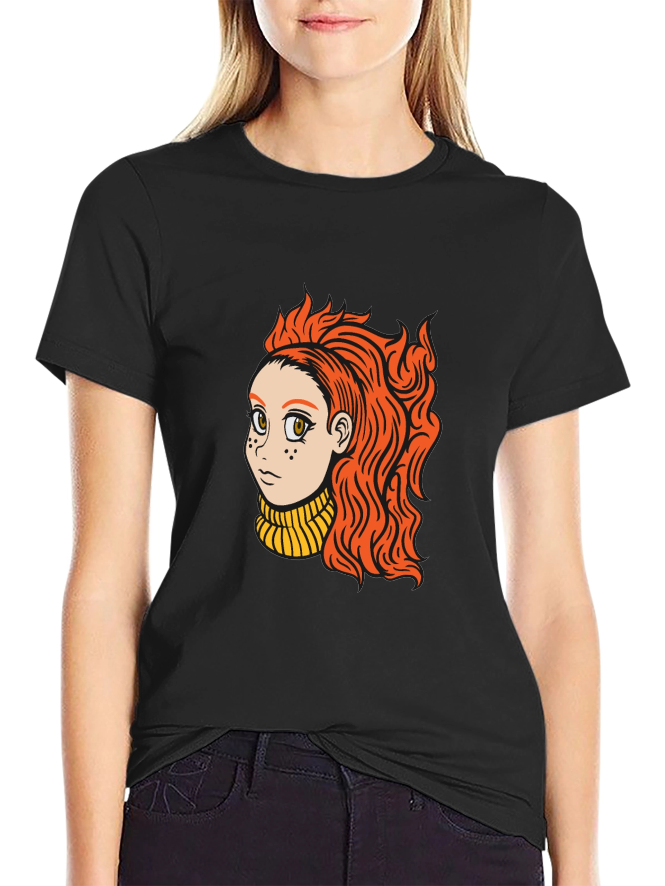 Black Cartoon Girl Graphic Black T-Shirt view 2