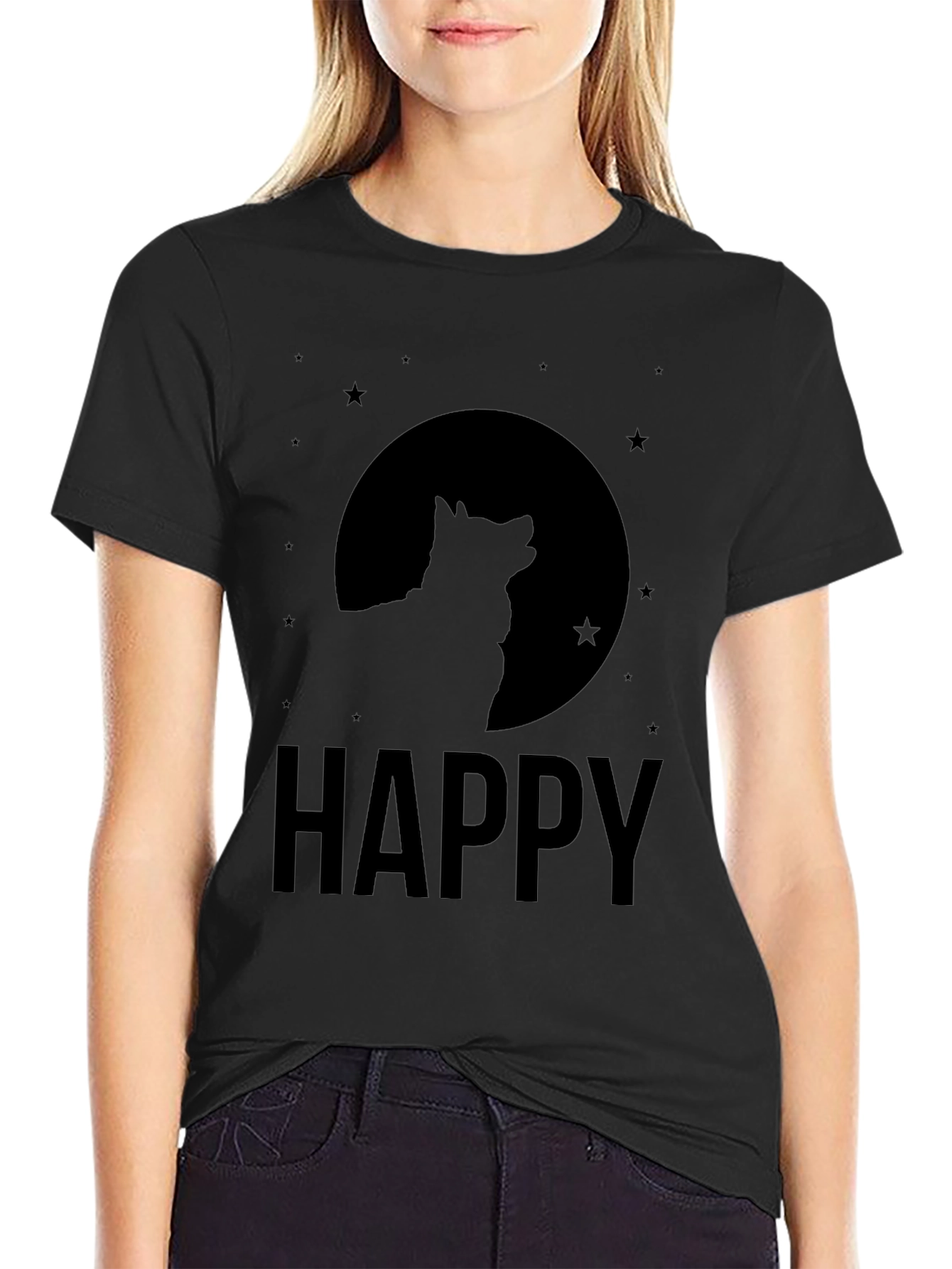 Black Happy Wolf Moon Graphic Tee - Black Cotton Blend Shirt view 2