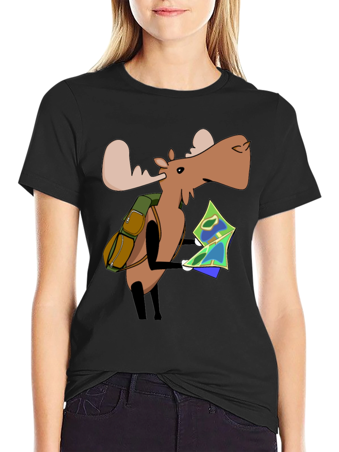 Black Cartoon Moose with Map T-Shirt - Black view 2
