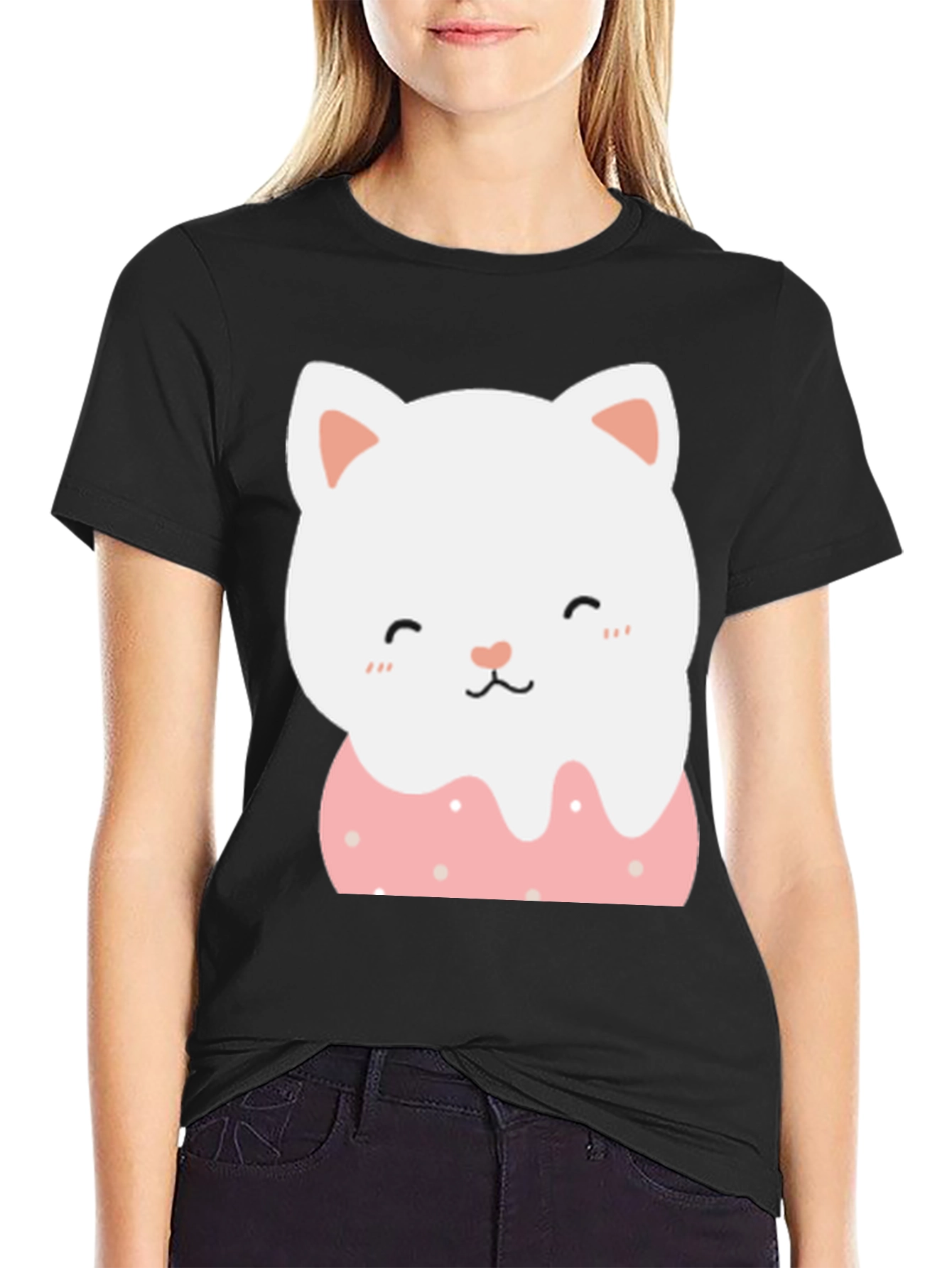 Black Cute Cat Donut T-Shirt - Black view 2