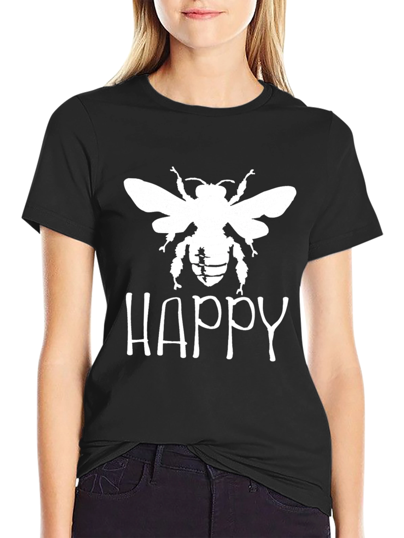 Black Happy Bee Graphic T-Shirt - Black Cotton Tee view 2