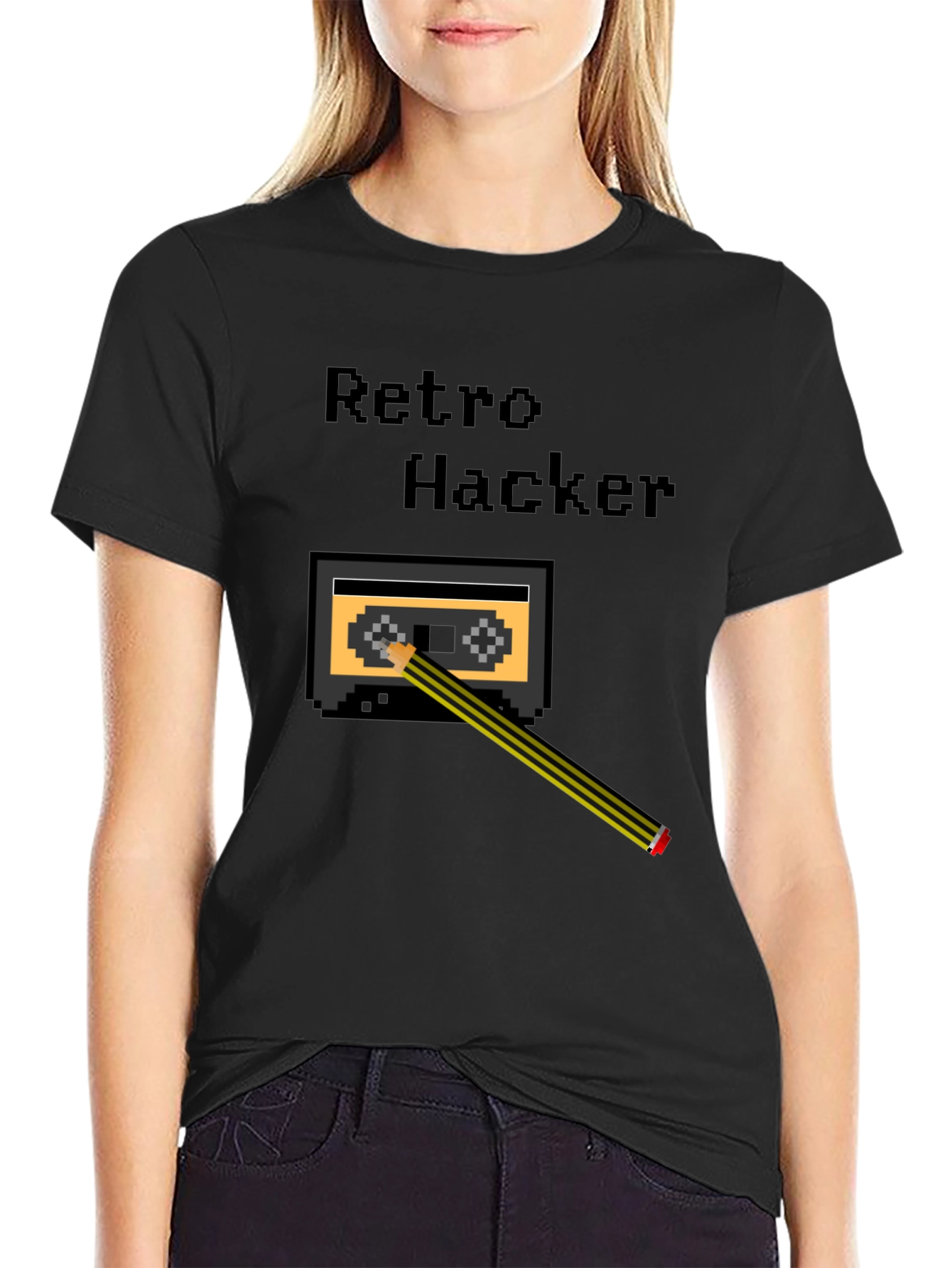 Black Retro Hacker Pixel Art T-Shirt - Cassette and Pencil Design view 2