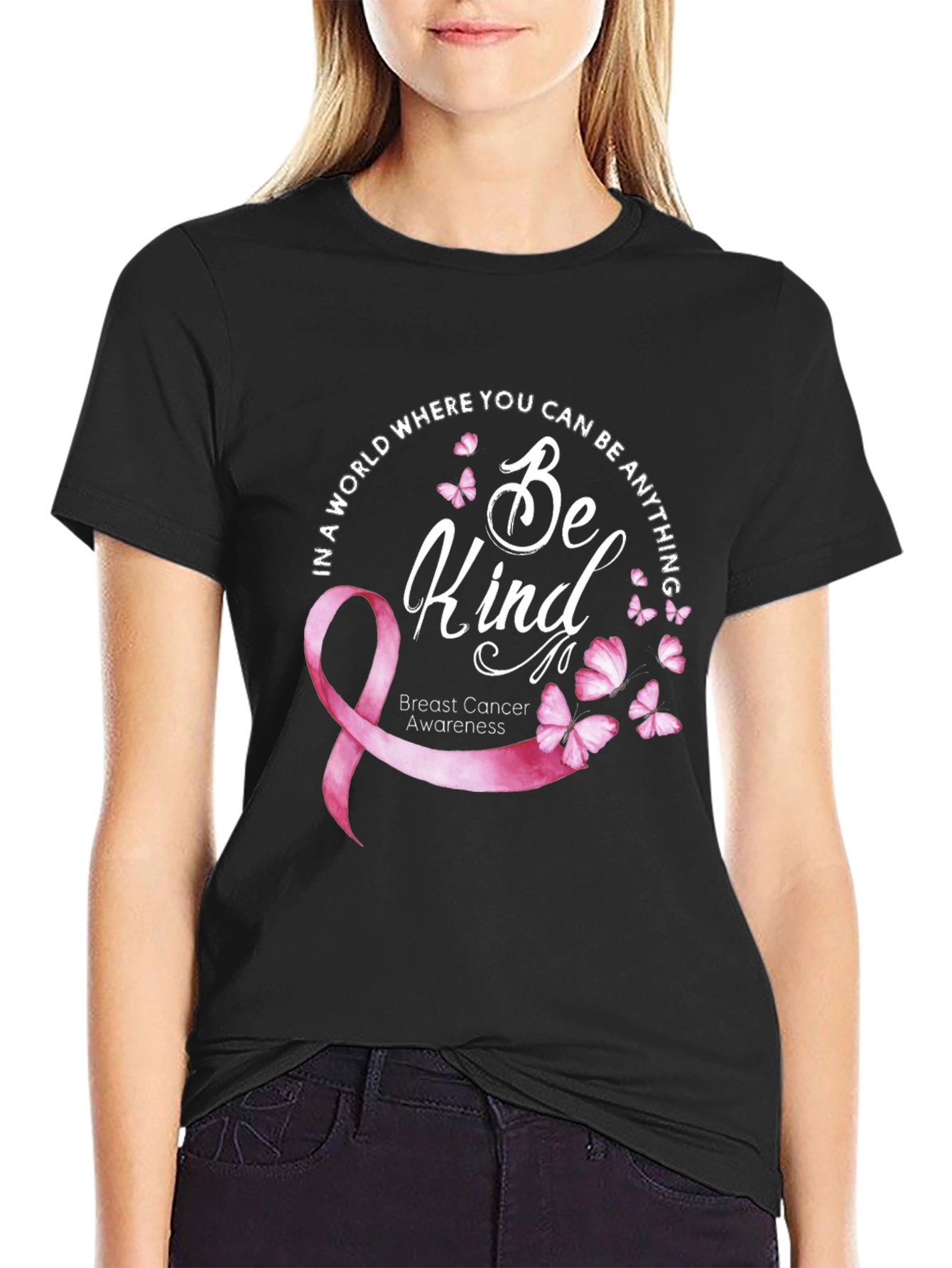Black Be Kind Breast Cancer Awareness T-Shirt view 2