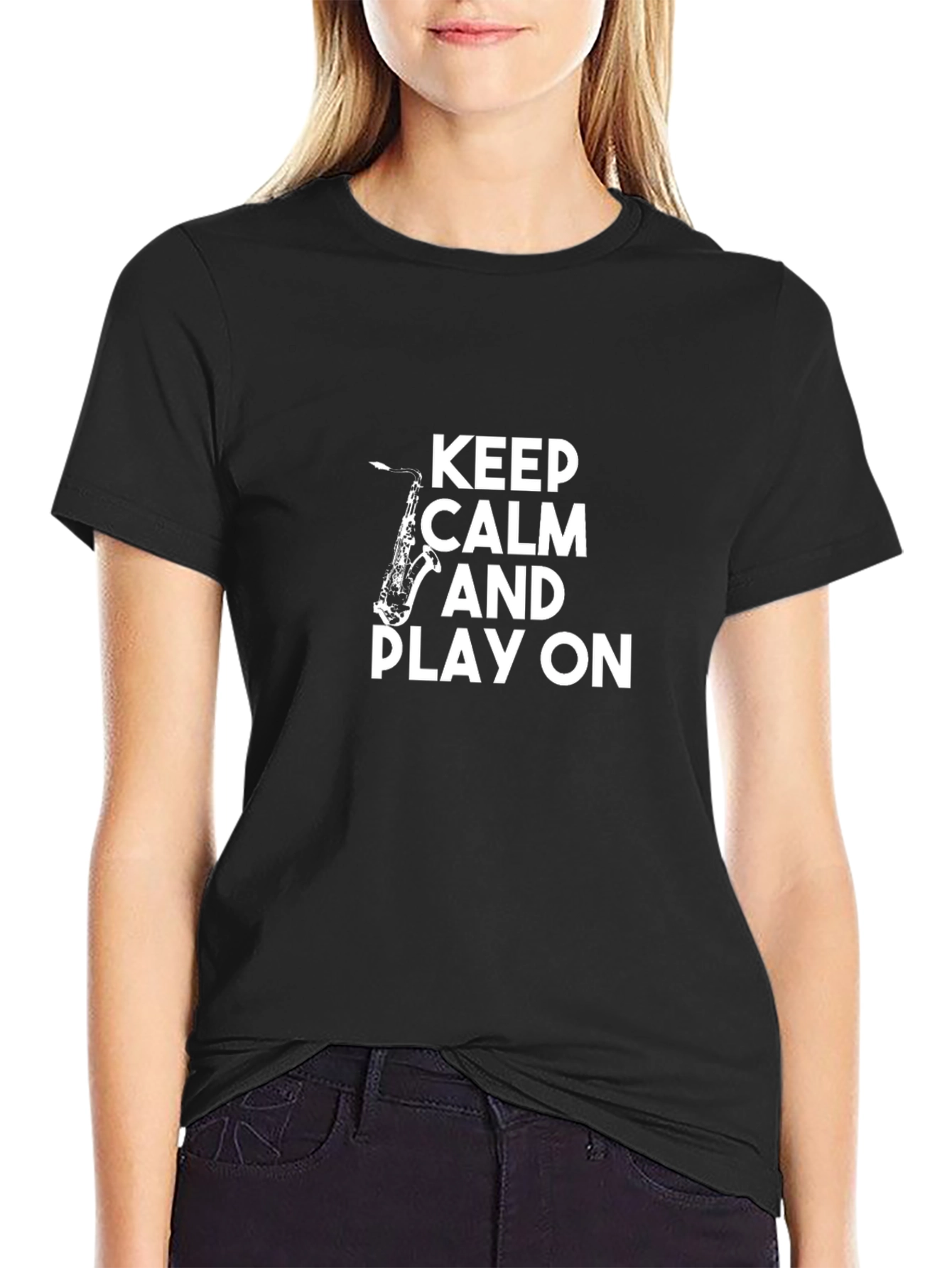 Black Keep Calm and Play On Saxophone Graphic T-Shirt view 2