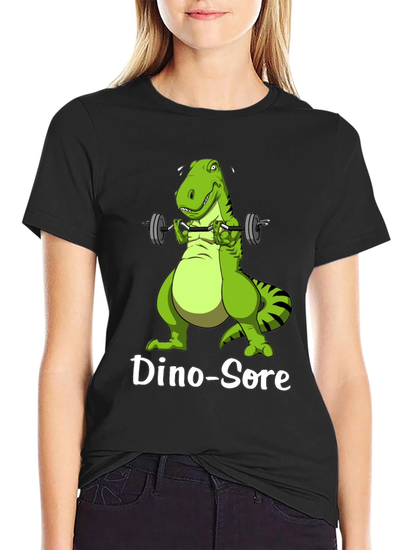 Black Dino-Sore T-Shirt: Funny Gym Dinosaur Workout Tee view 2