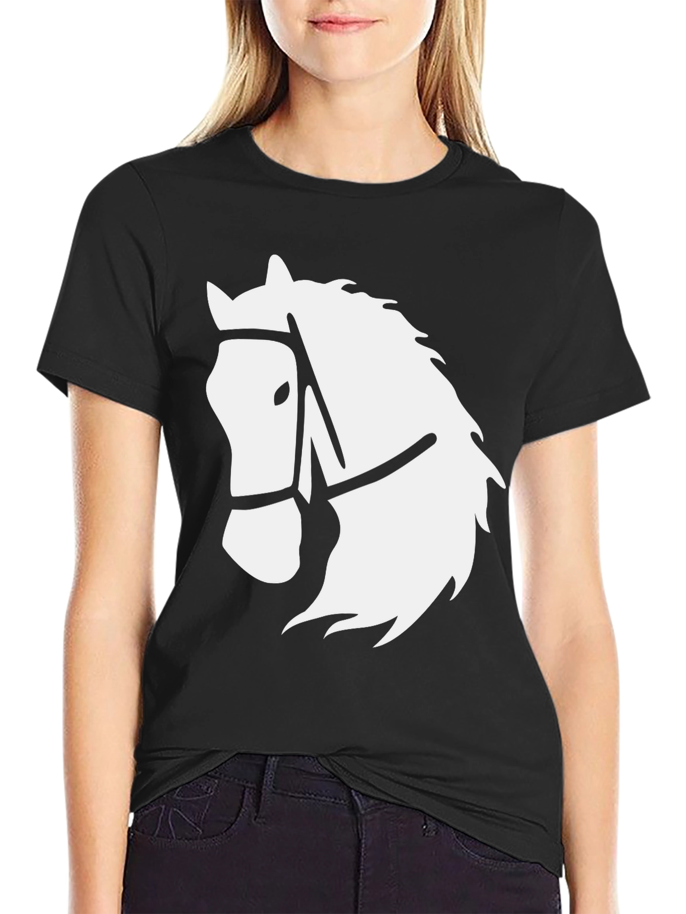 Black Black T-Shirt with White Horse Head Graphic view 2