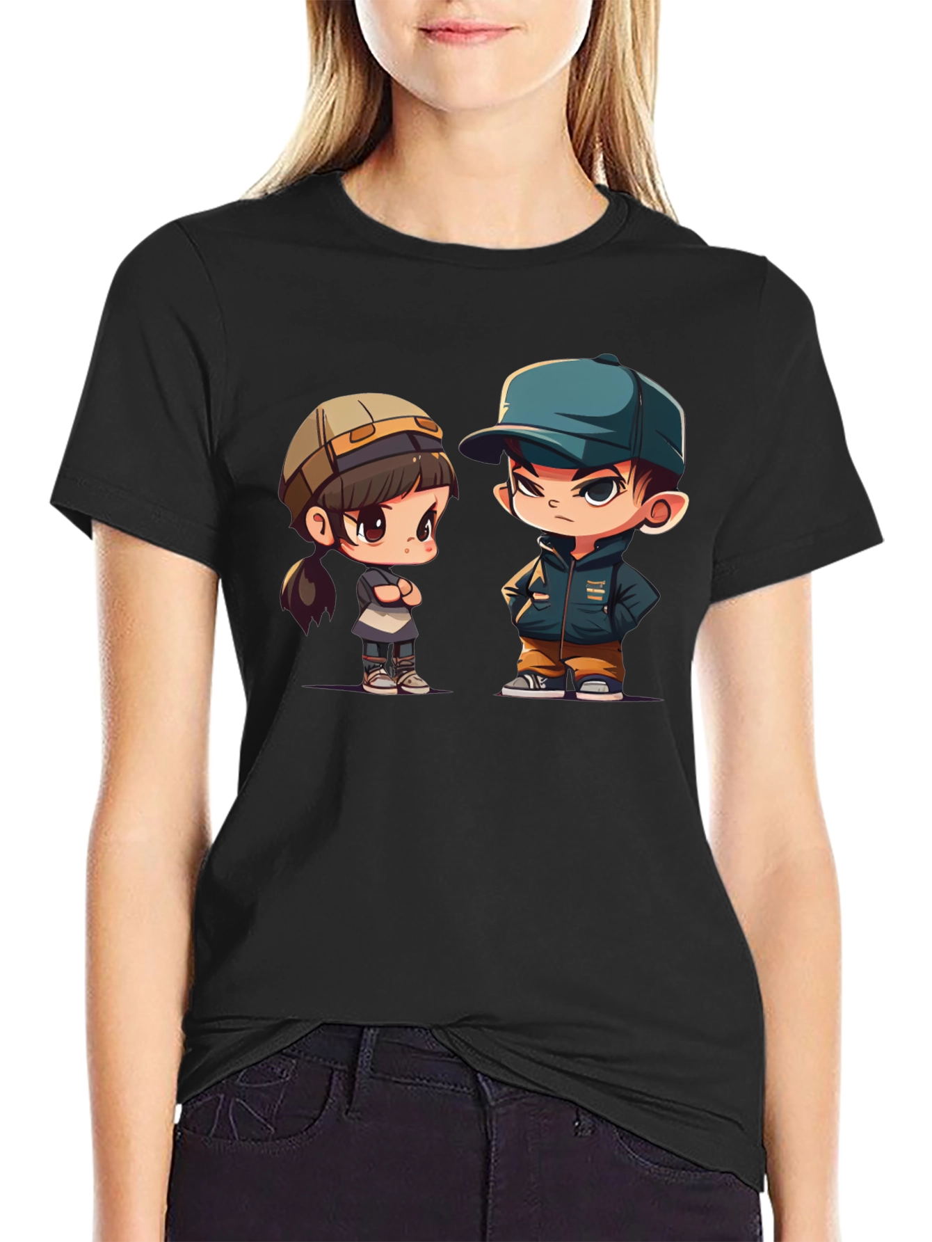Black Cute Cartoon Couple Graphic T-Shirt view 2
