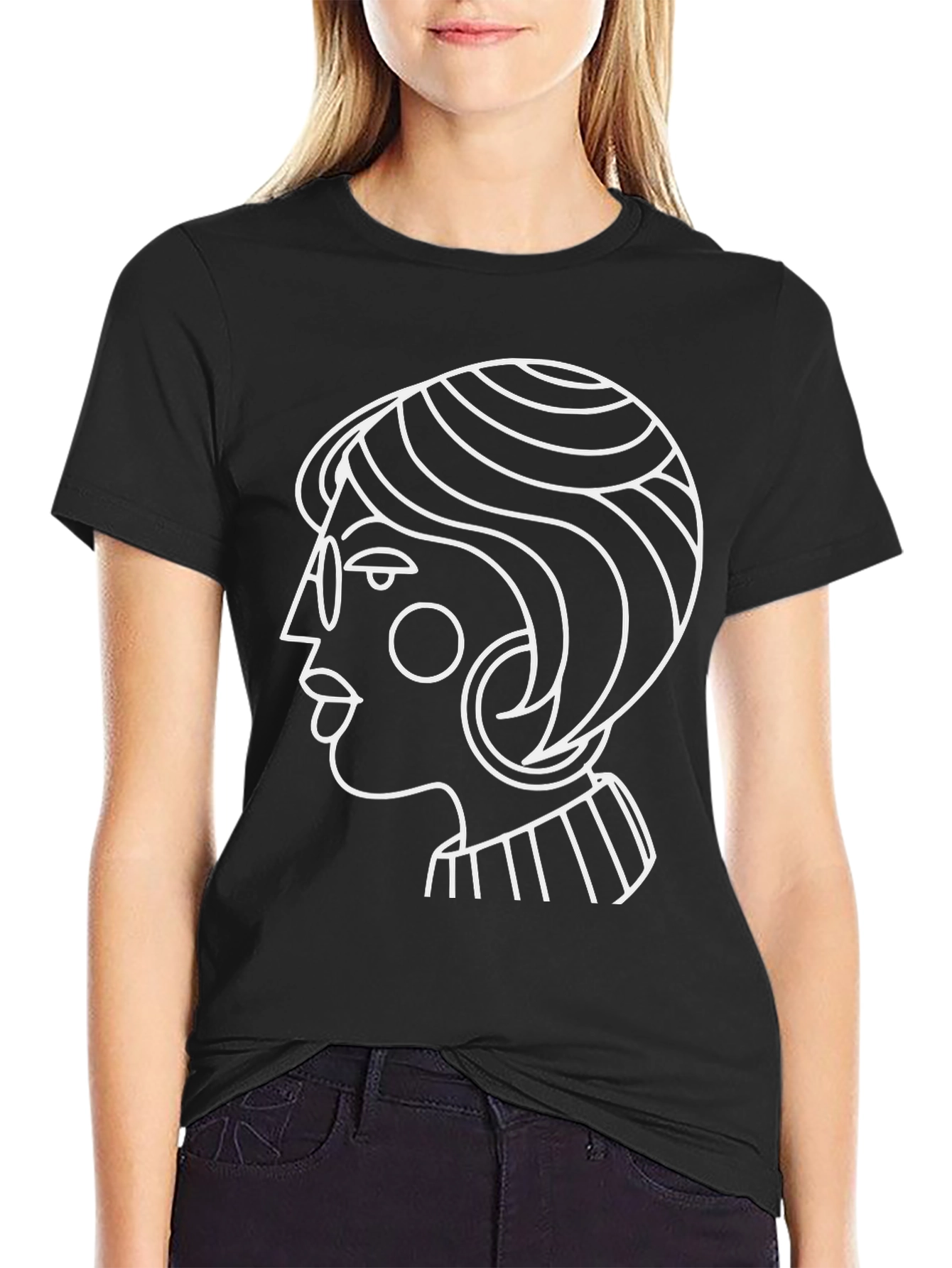 Black Abstract Woman Graphic Tee - Stylish Black T-Shirt view 2
