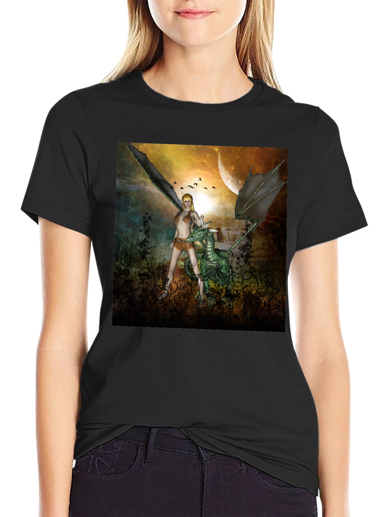 Black Fantasy Dragon & Warrior Graphic Tee view 2