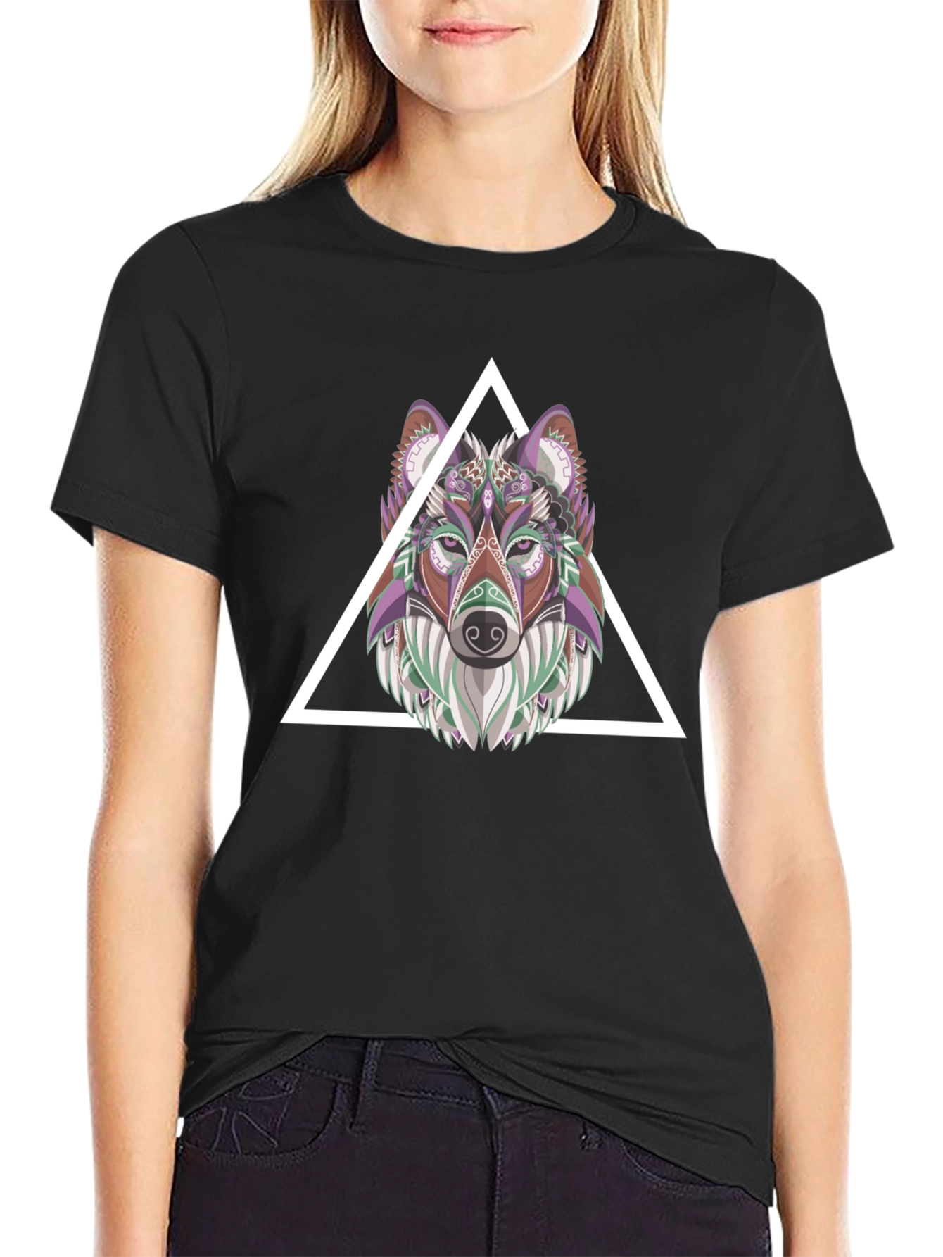 Black Geometric Wolf T-Shirt - Modern Graphic Tee view 2