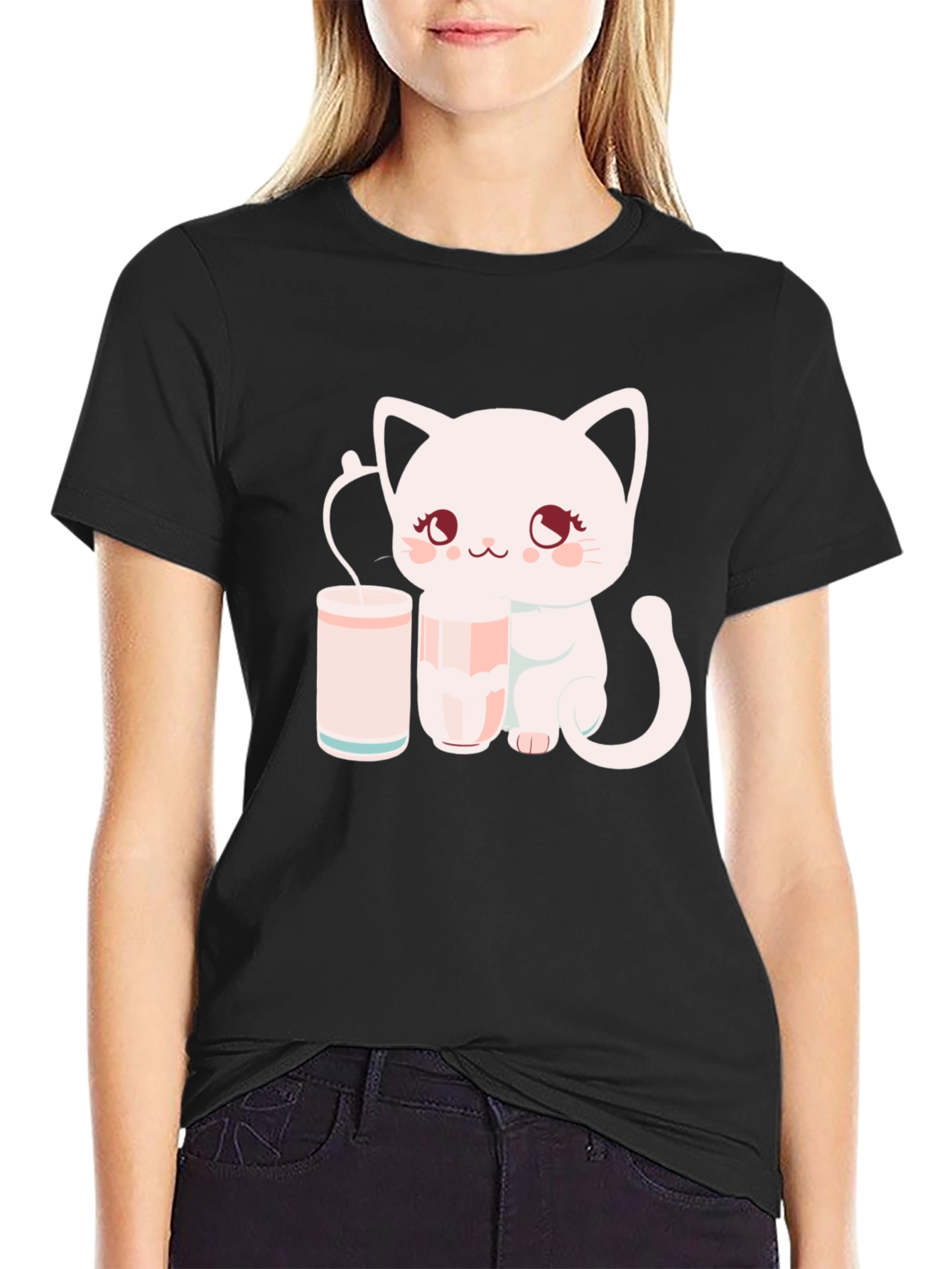 Black Cute Kitten with Milk T-Shirt view 2