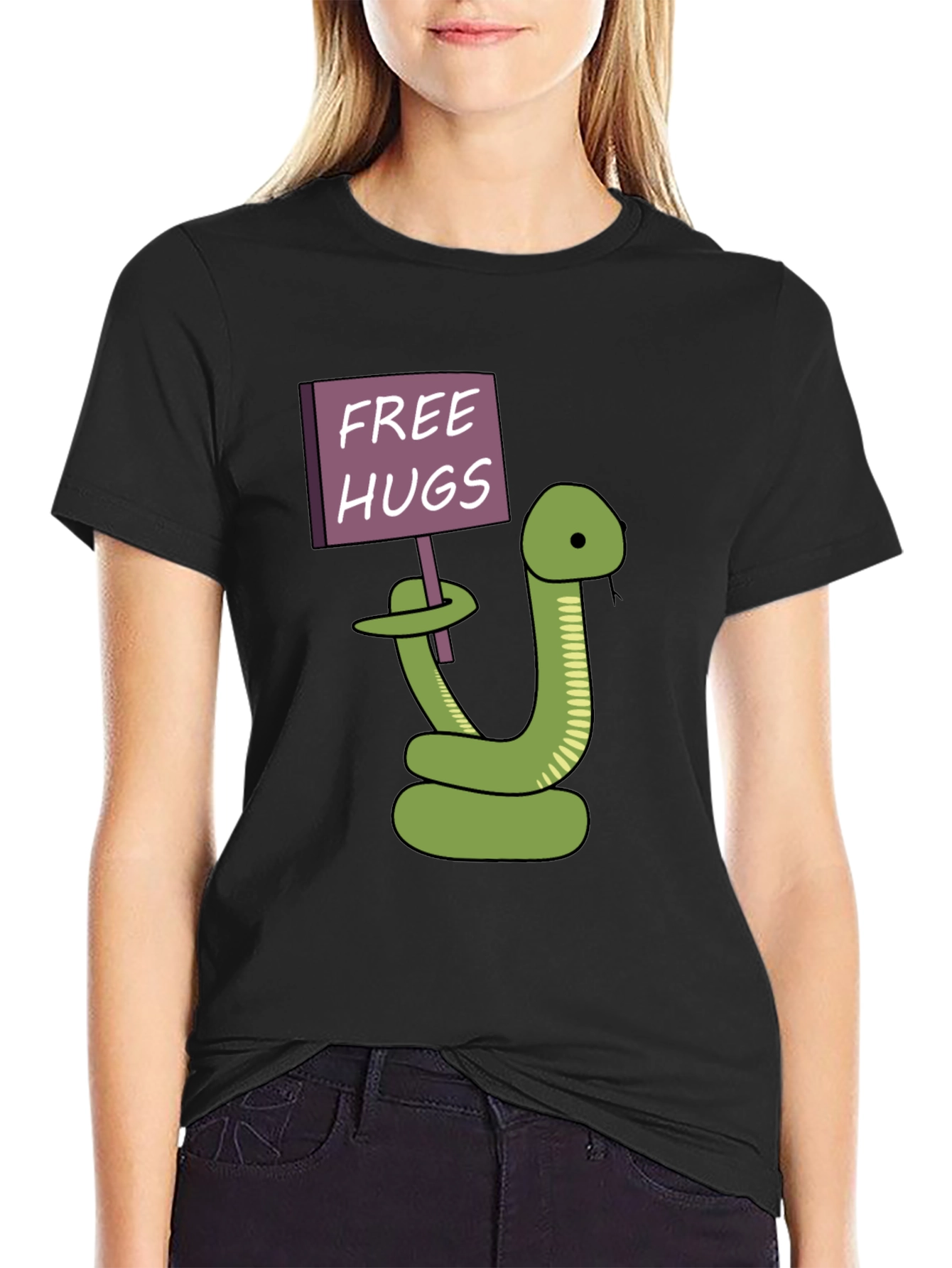 Black Free Hugs Snake T-Shirt - Funny Cartoon Graphic Tee view 2