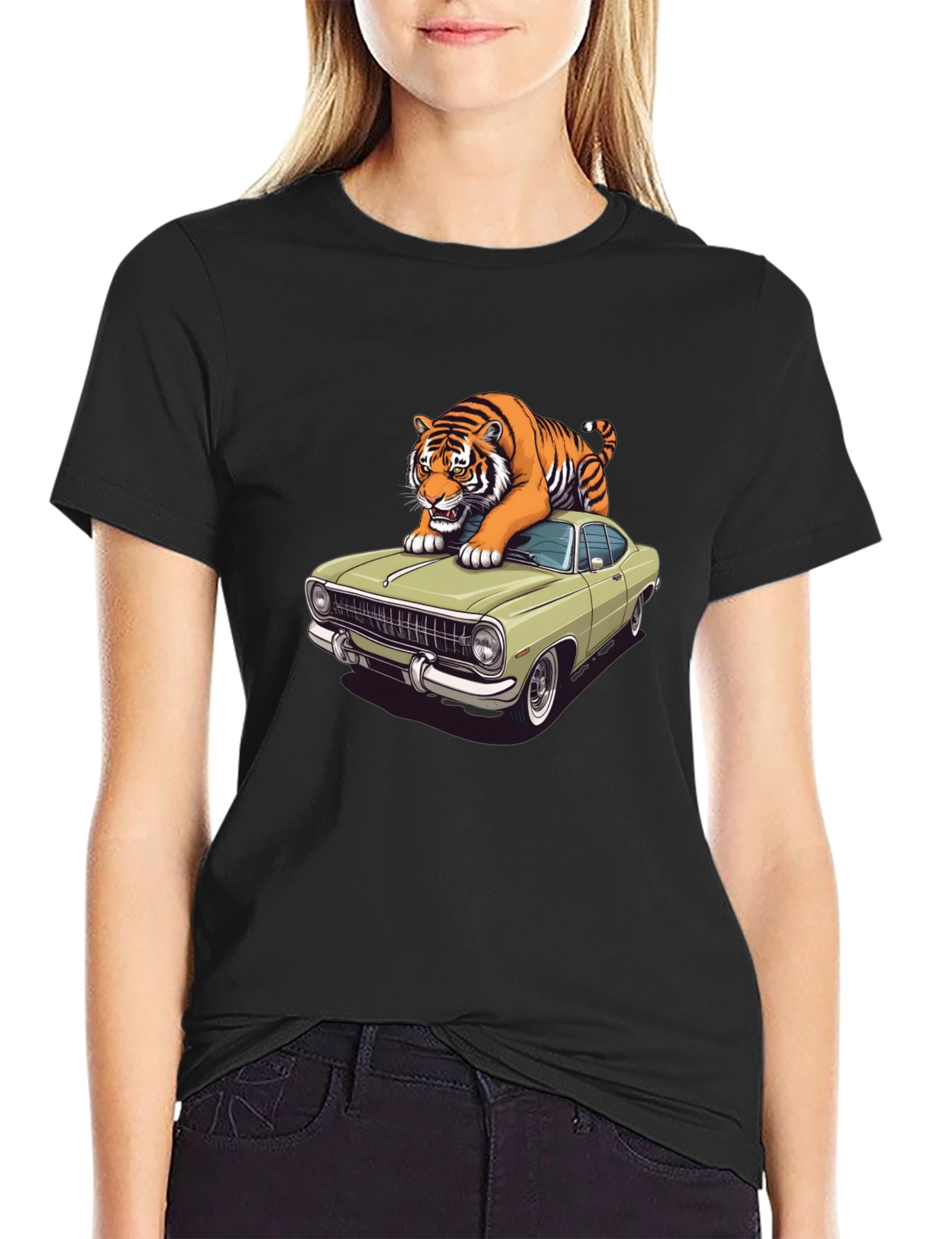 Black Tiger on Car Graphic T-Shirt - Cool Animal Tee view 2