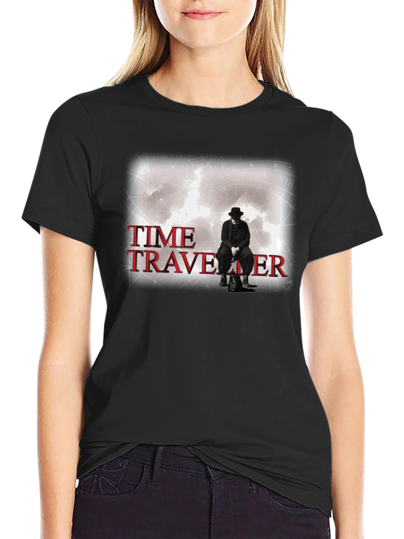 Black Time Traveler Graphic Tee - Black Cotton T-Shirt view 2