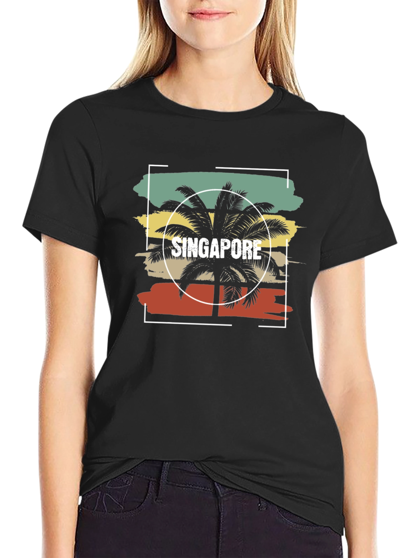 Black Singapore Palm Tree Retro T-Shirt view 2