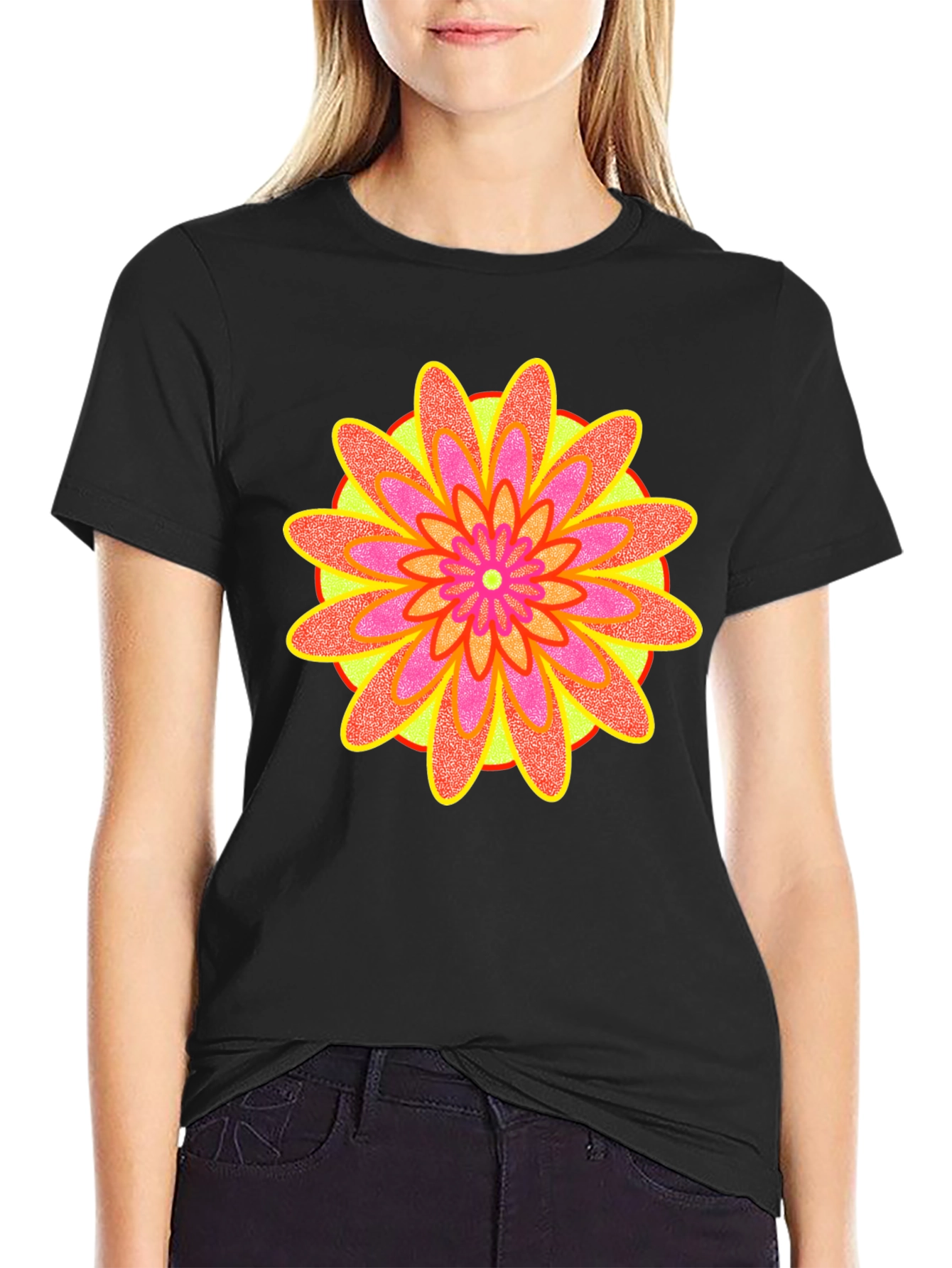 Black Retro Flower Graphic Tee - Black Cotton Blend T-Shirt view 2